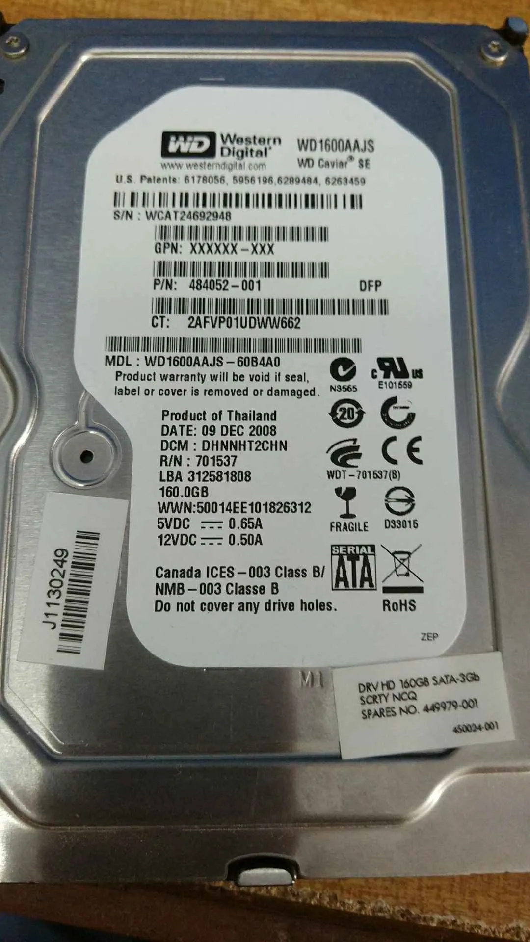 Western Digital WD1600AAJS-60B4A0 S/N 4821718936322