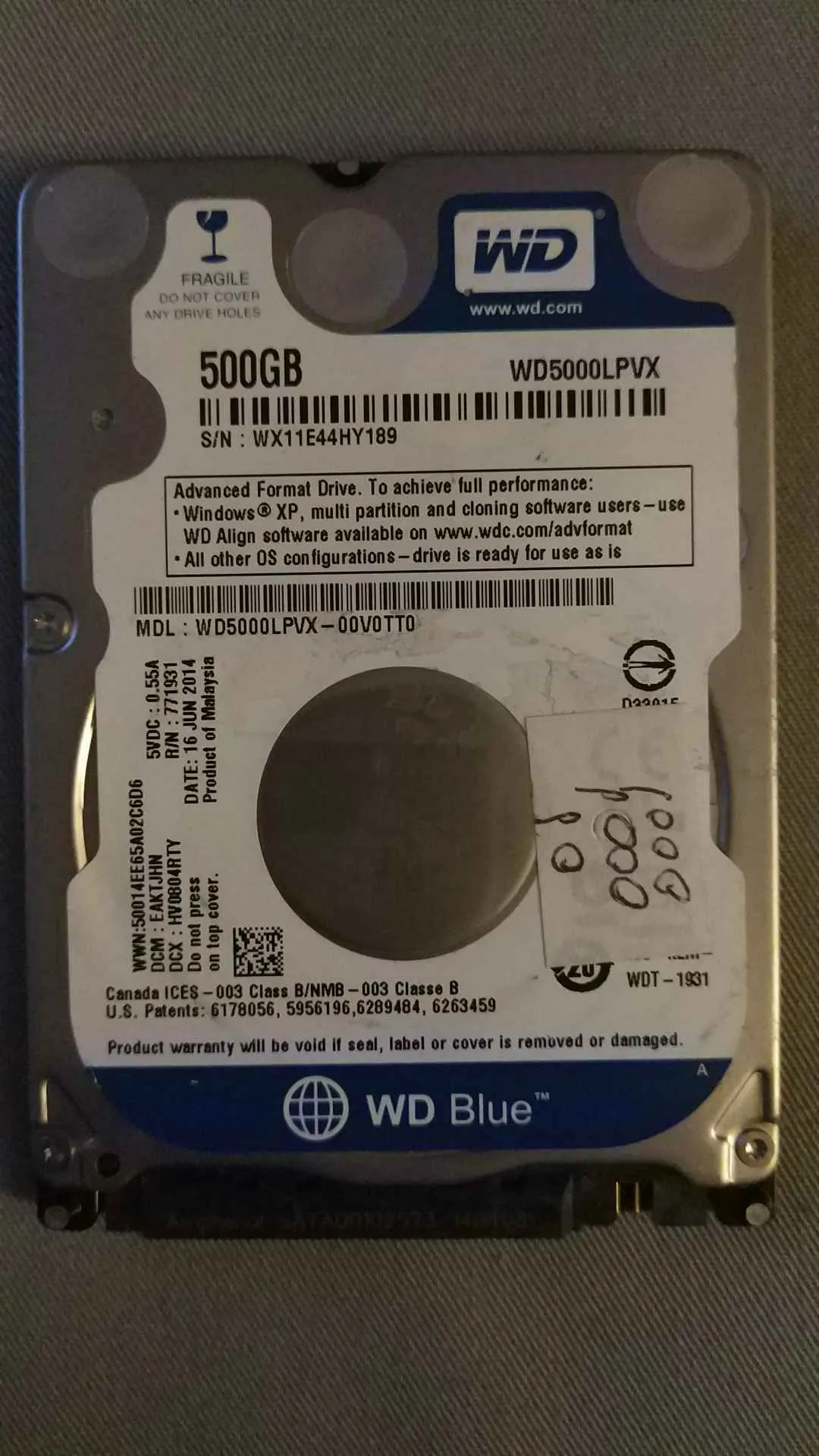 Western Digital WD5000LPVX-00V0TT0 S/N WX11E44HY189