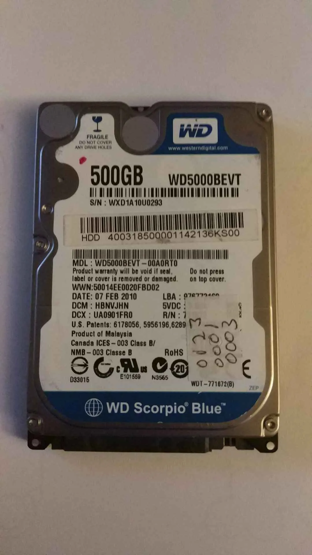 Western Digital WD5000BEVT-00A0RT0 S/N WXD1A10U0293