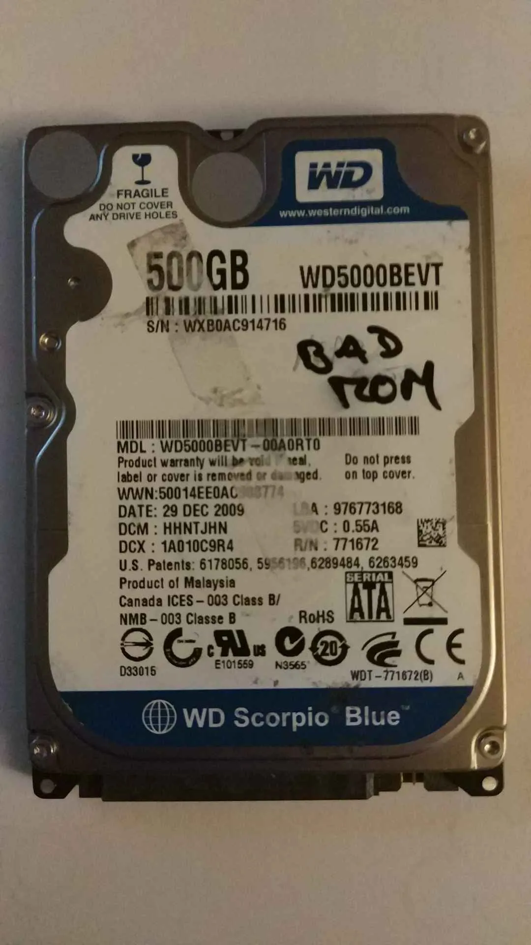 Western Digital WD5000BEVT-00A0RT0 S/N WXB0AC914716