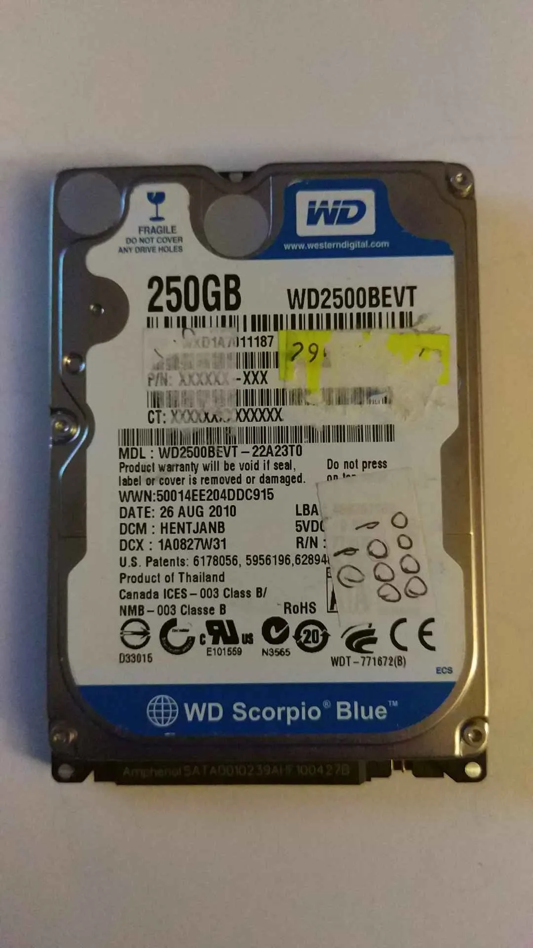 Western Digital WD2500BEVT-22A23T0 S/N WXD1A7011187