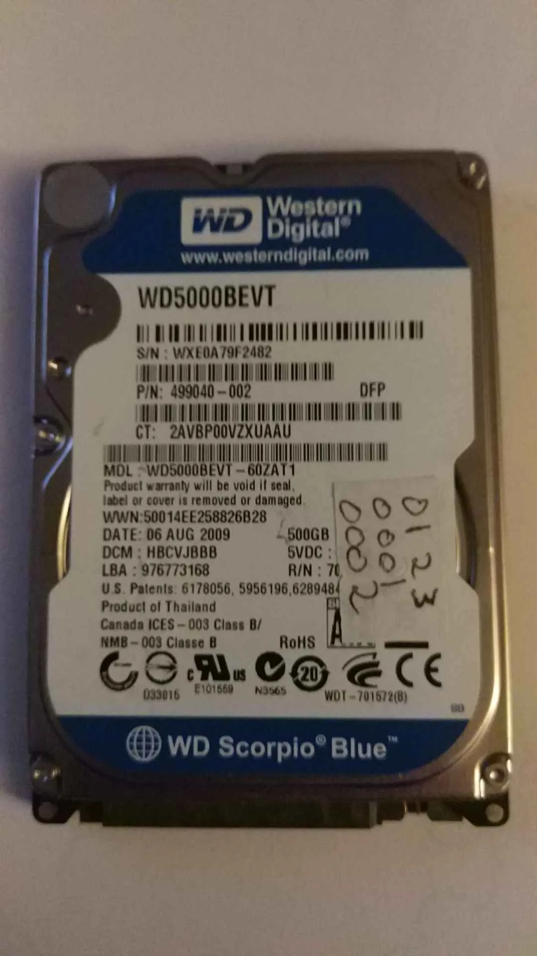 Western Digital WD5000BEVT-60ZAT1 S/N WXE0A79F2482