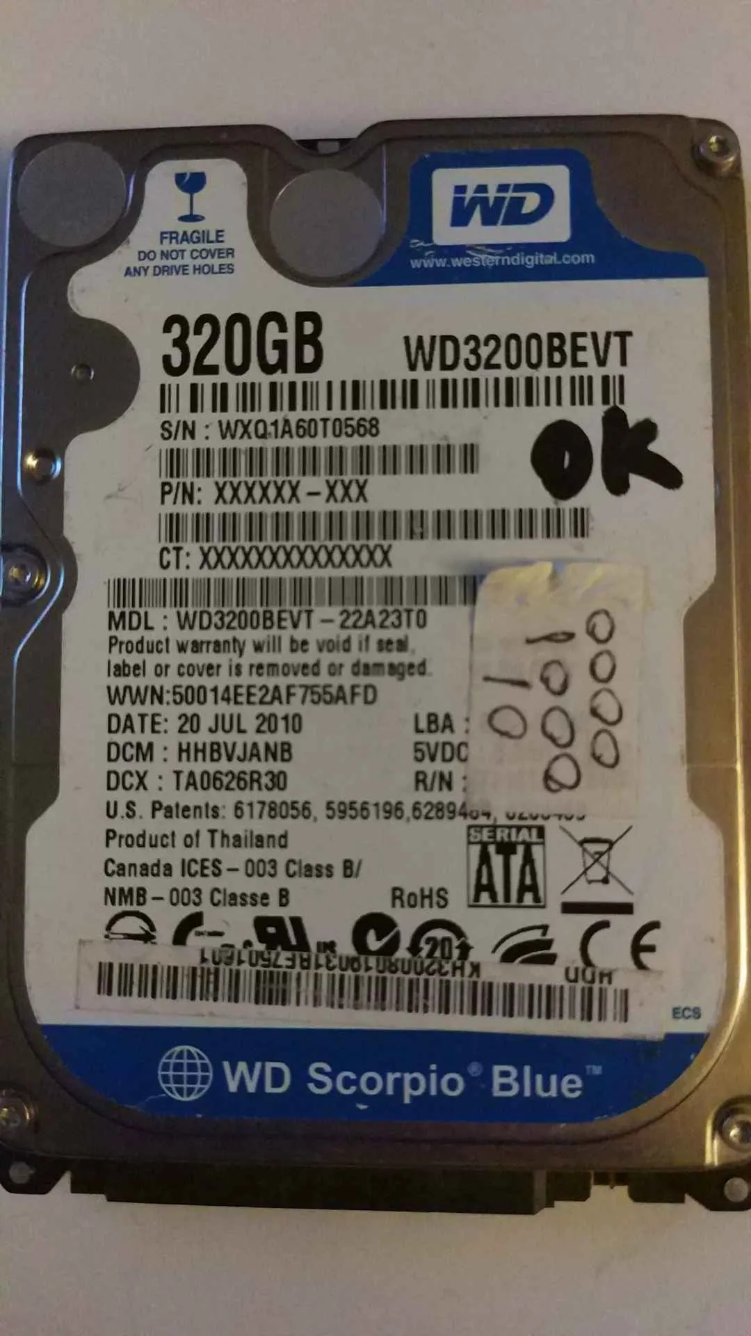 Western Digital WD3200BEVT-22A23T0 S/N WXQ1A60T0568
