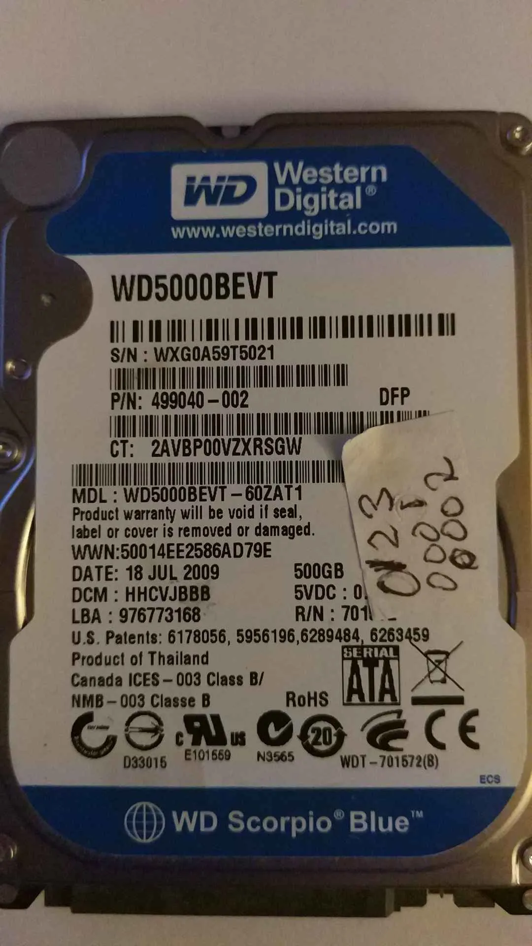 Western Digital WD5000BEVT-60ZAT2 S/N WXG0A59T5021