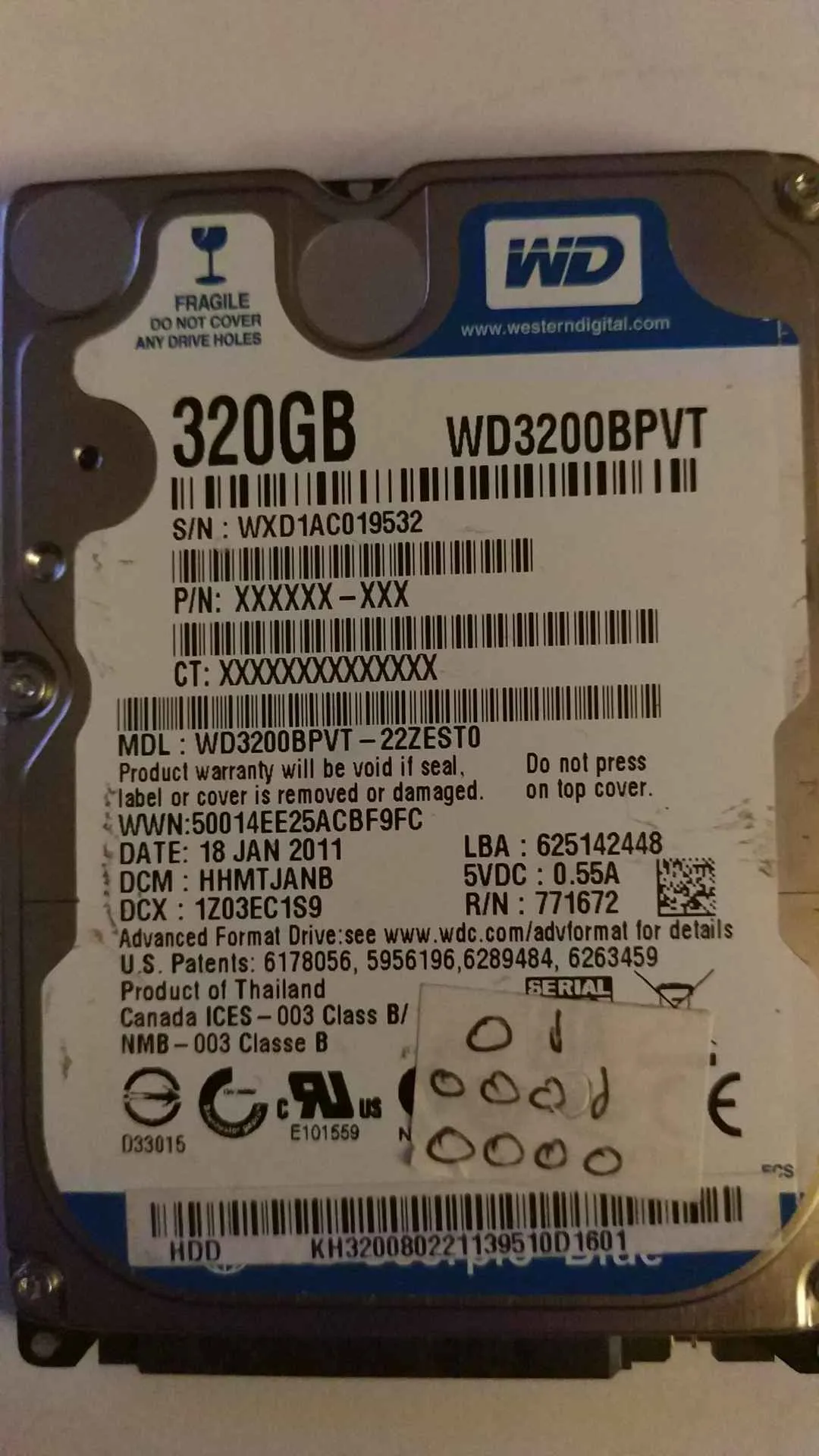 Western Digital WD3200BPVT-22ZEST0 S/N WXD1AC019532
