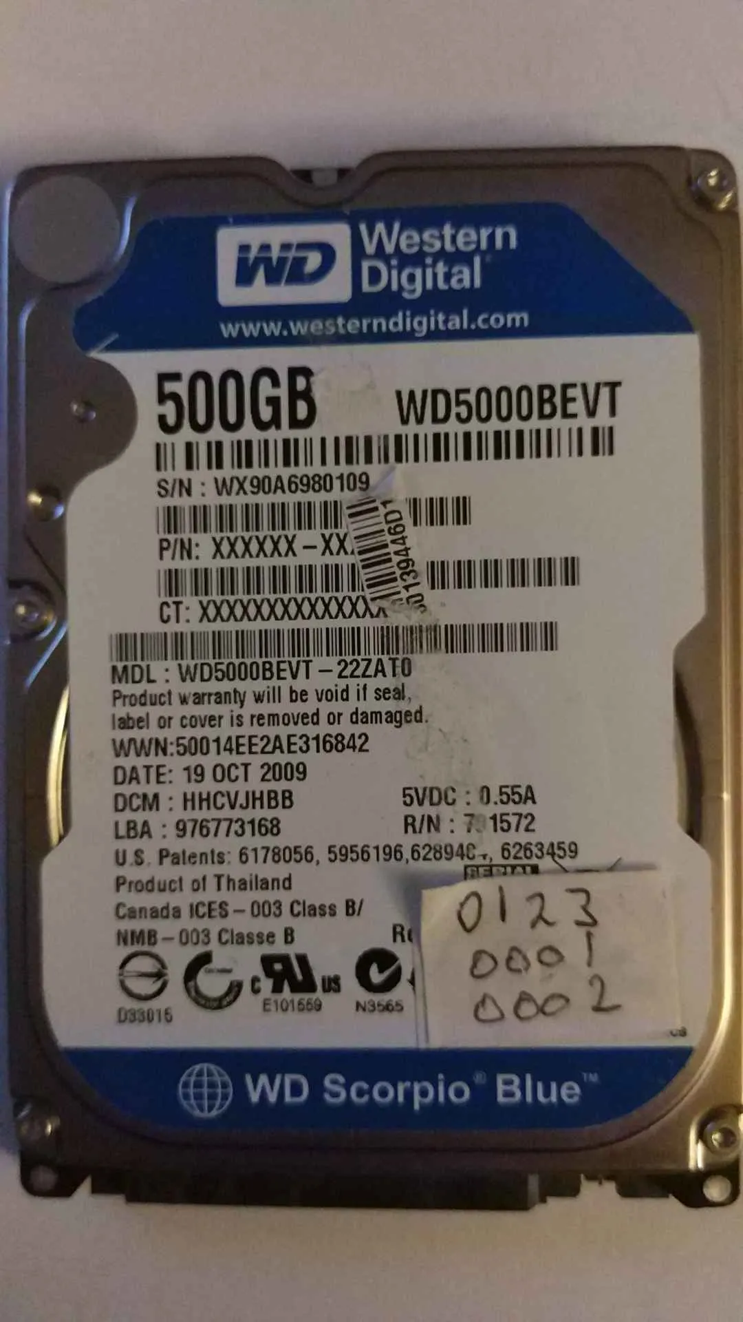 Western Digital WD5000BEVT-22ZAT0 S/N WX90A6980109