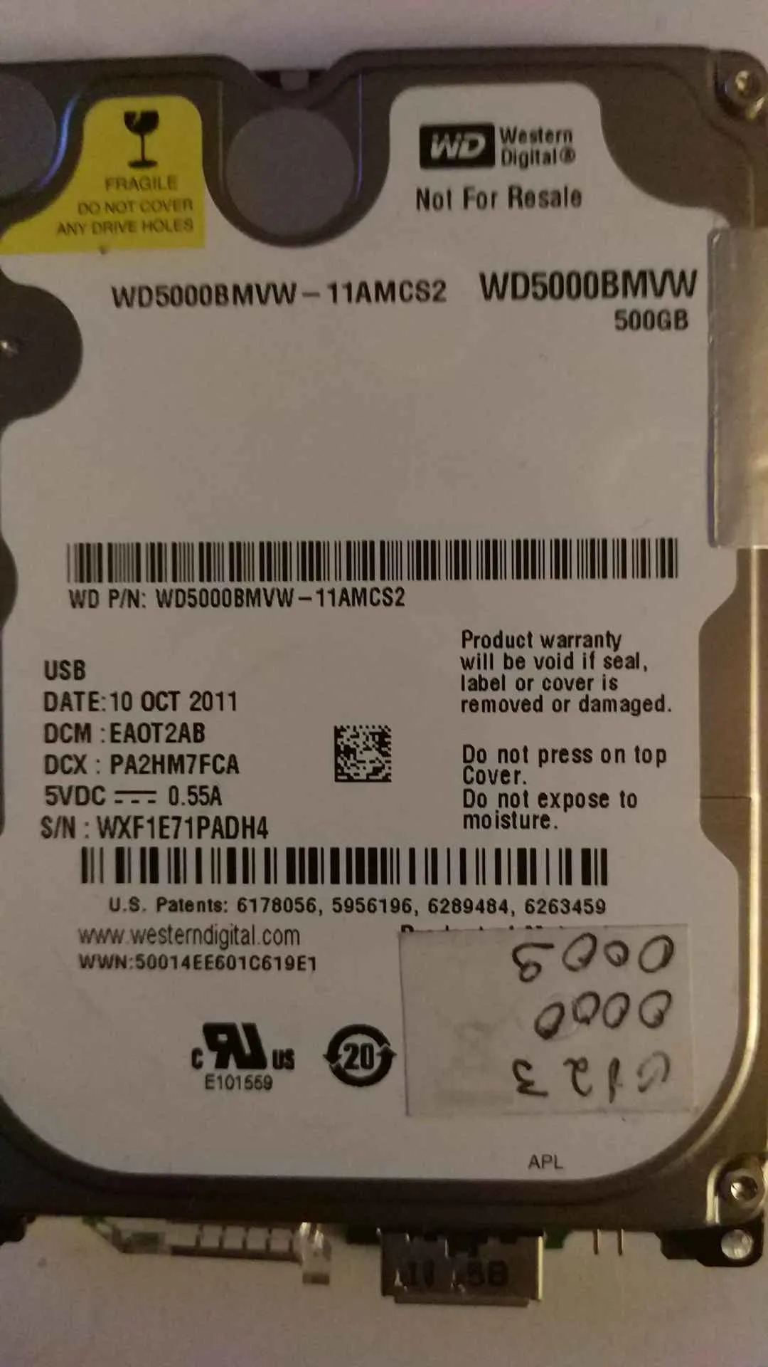 Western Digital WD5000BMVW-11AMCS2 S/N WXF1E71PADH4