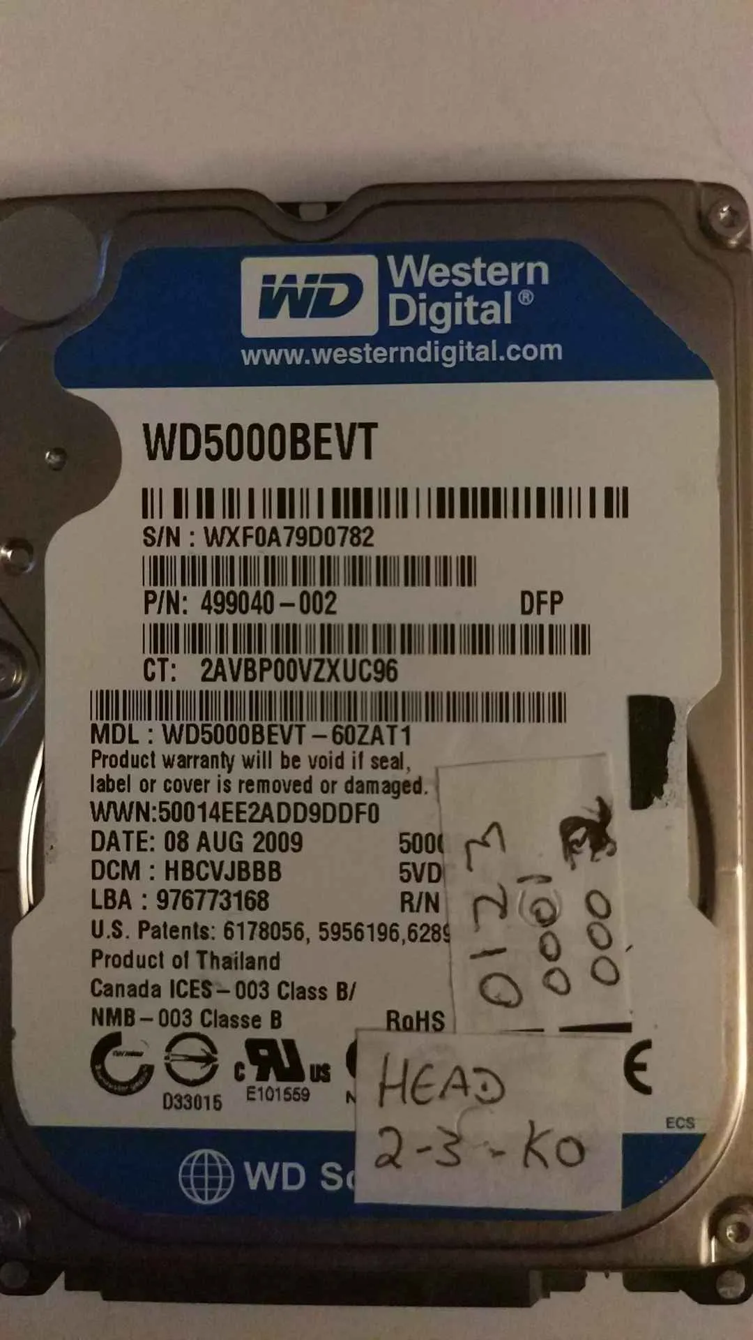 Western Digital WD5000BEVT-60ZAT1 S/N WXF0A79D0782