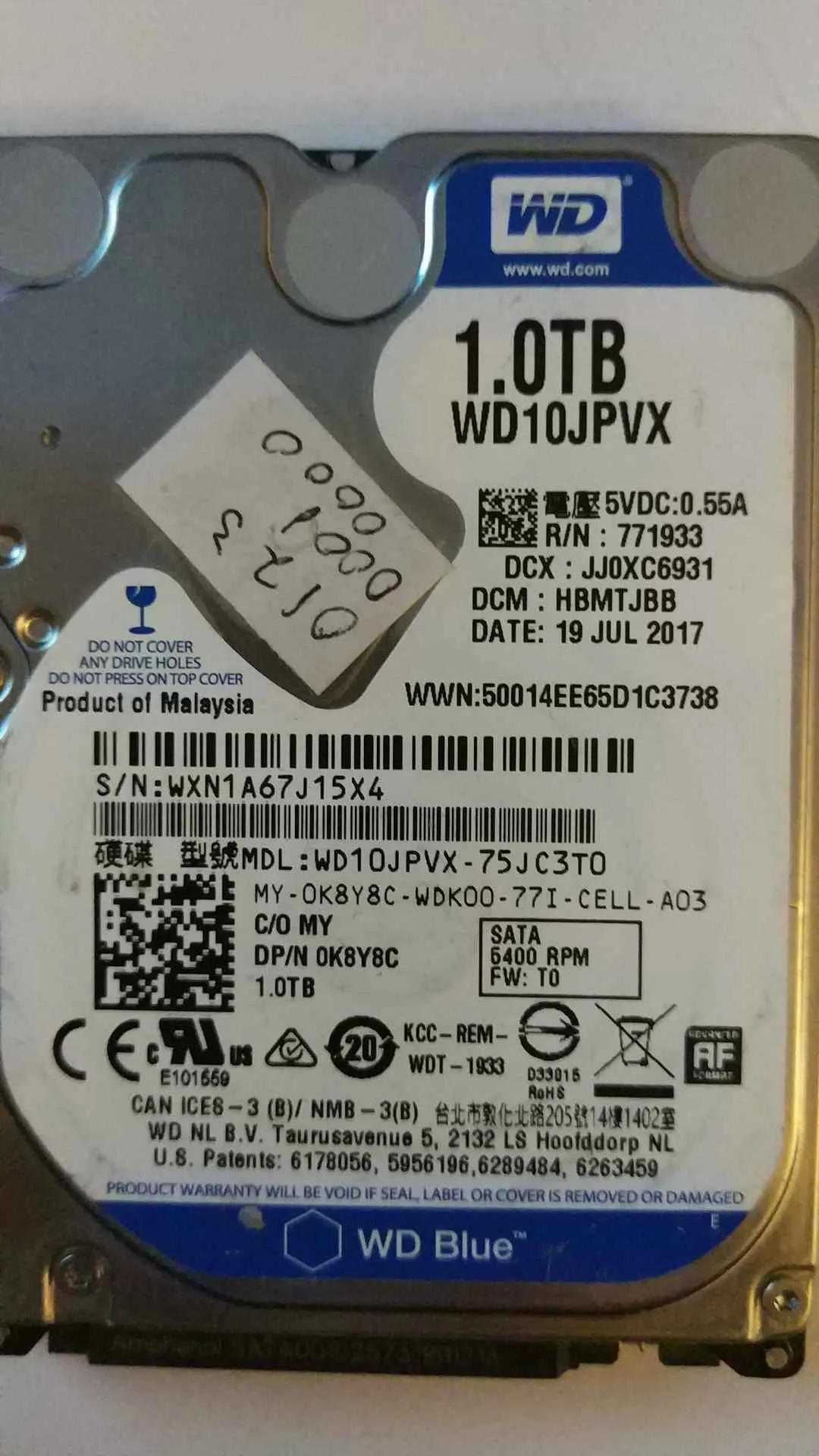 Western Digital WD10JPVX-75JC3T0 S/N WXN1A67J15X4