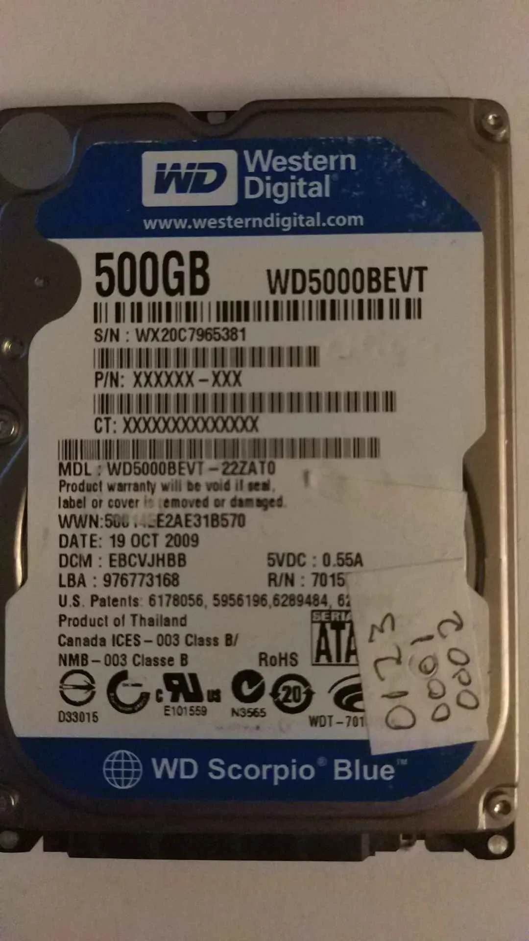 Western Digital WD5000BEVT-22ZAT0 S/N WX20C7965381