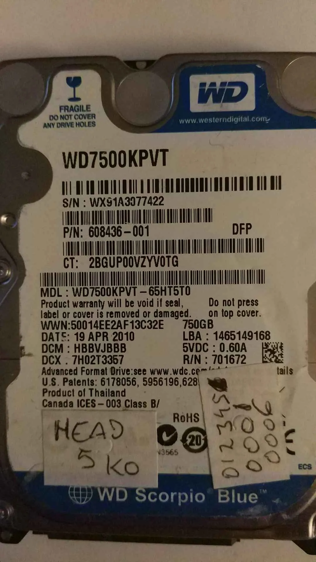 Western Digital WD7500KPVT-65HT5T0 S/N WX91A3077422