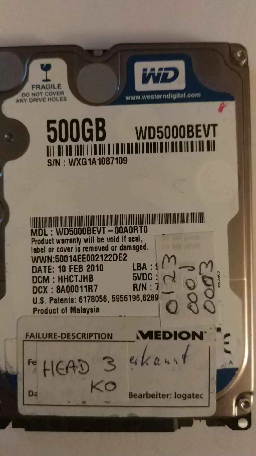 Western Digital WD5000BEVT-00A0RT0 S/N WXG1A1087109