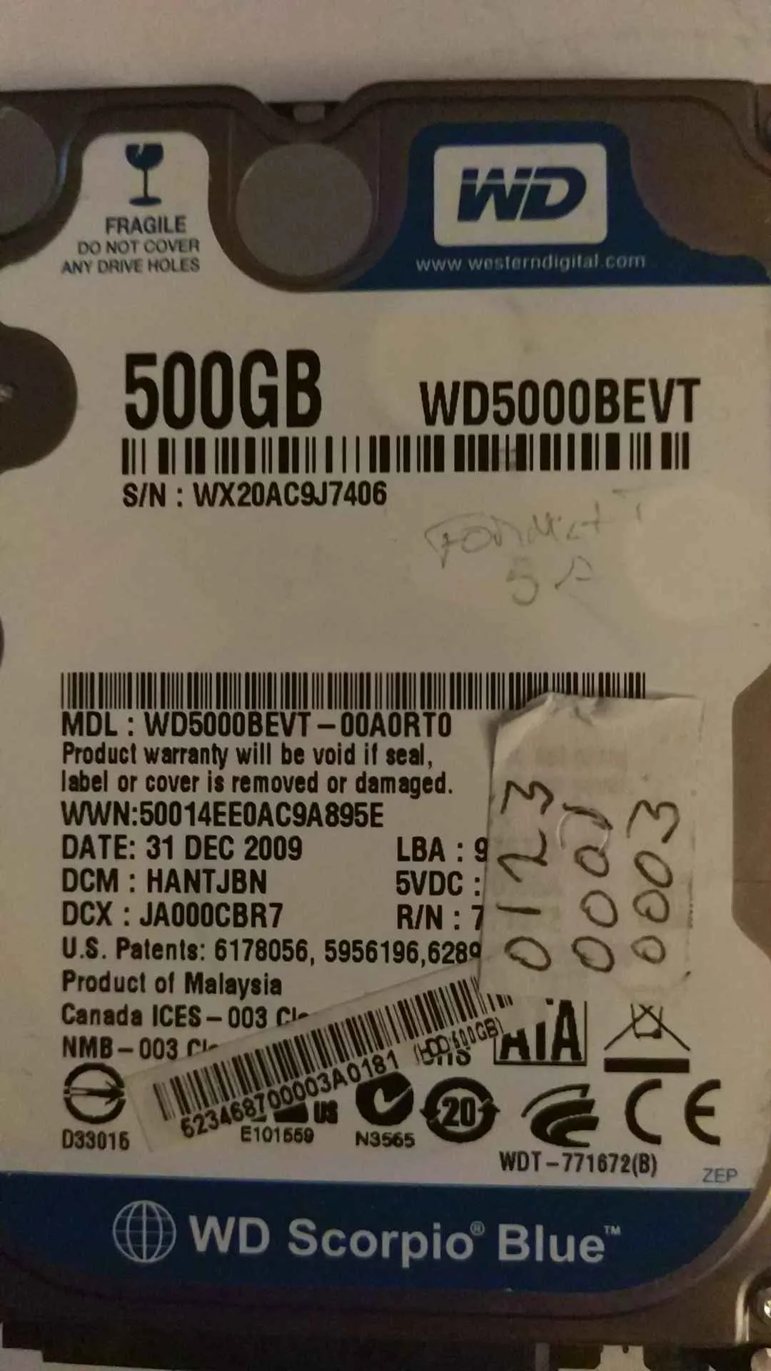 Western Digital WD5000BEVT-00A0RT0 S/N WX20AC9J7406