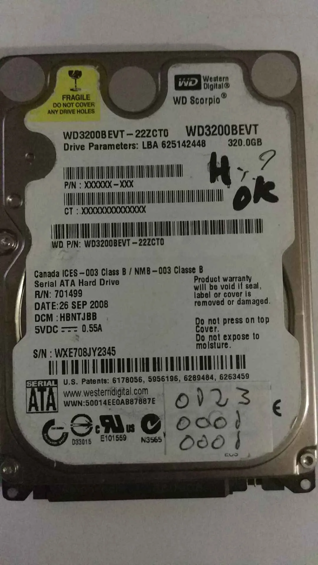 Western Digital WD3200BEVT-22ZCT0 S/N WXE708JY2345