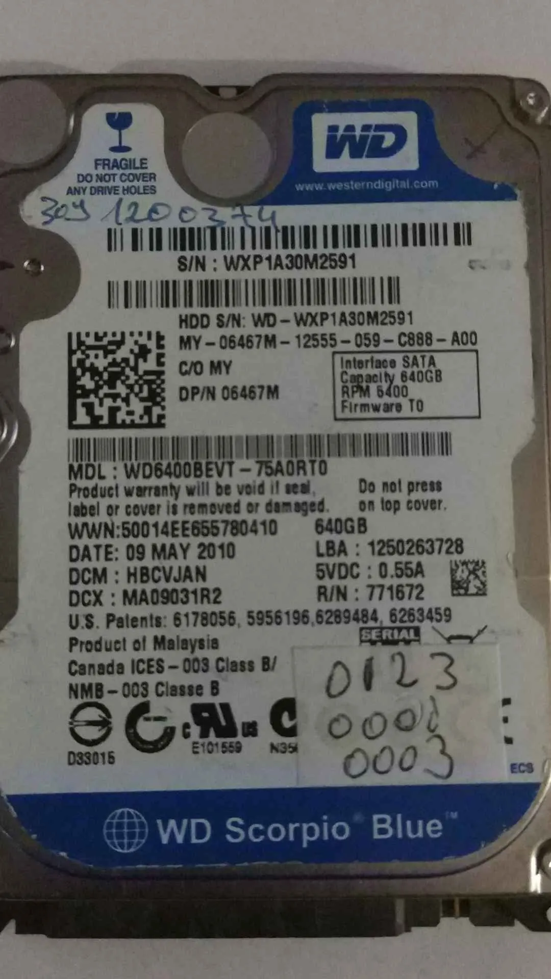 Western Digital WD6400BEVT-75A0RT0 S/N WXP1A30M2591
