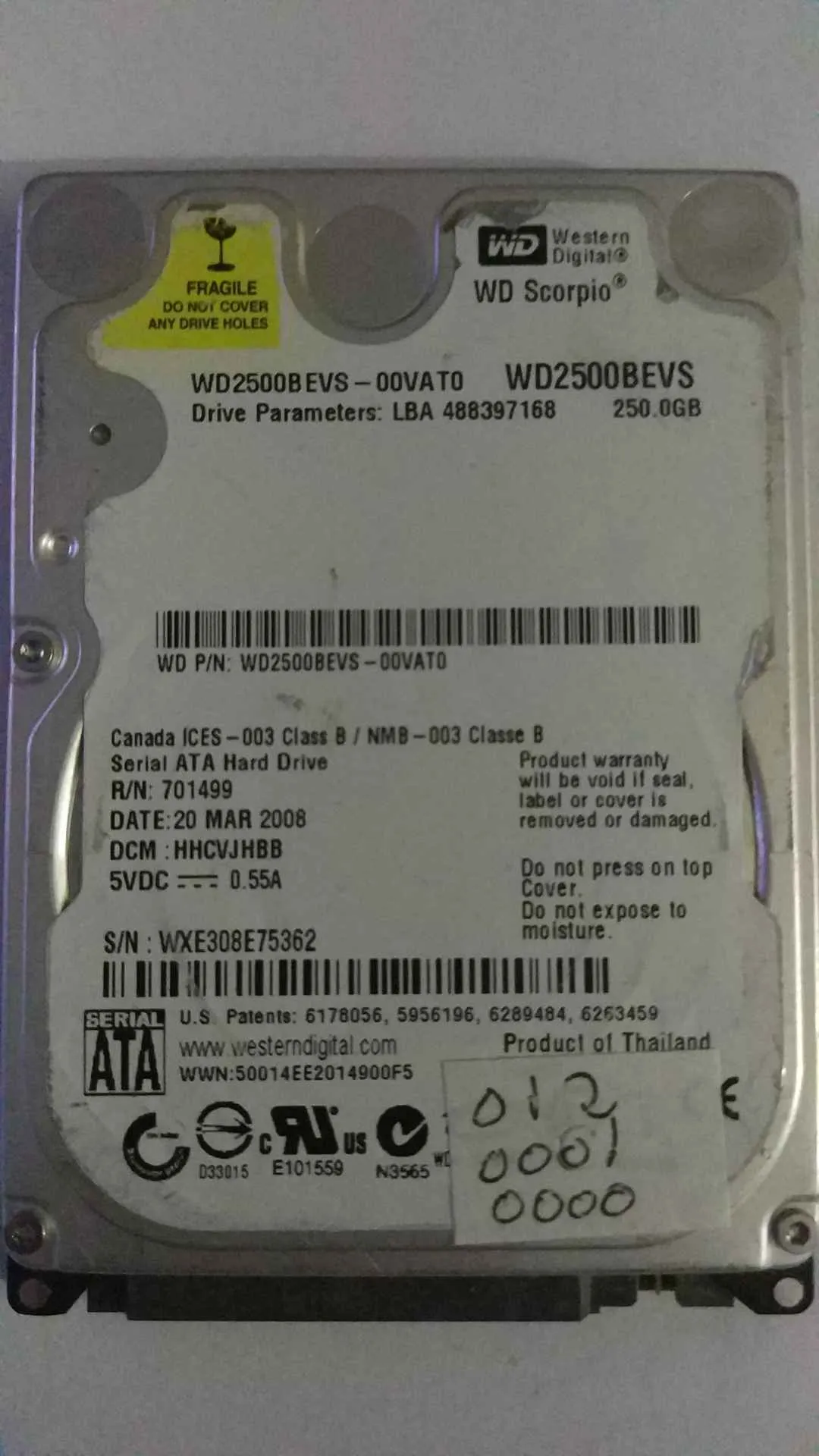 Western Digital WD2500BEVS-00VAT0 S/N WXE308E75362
