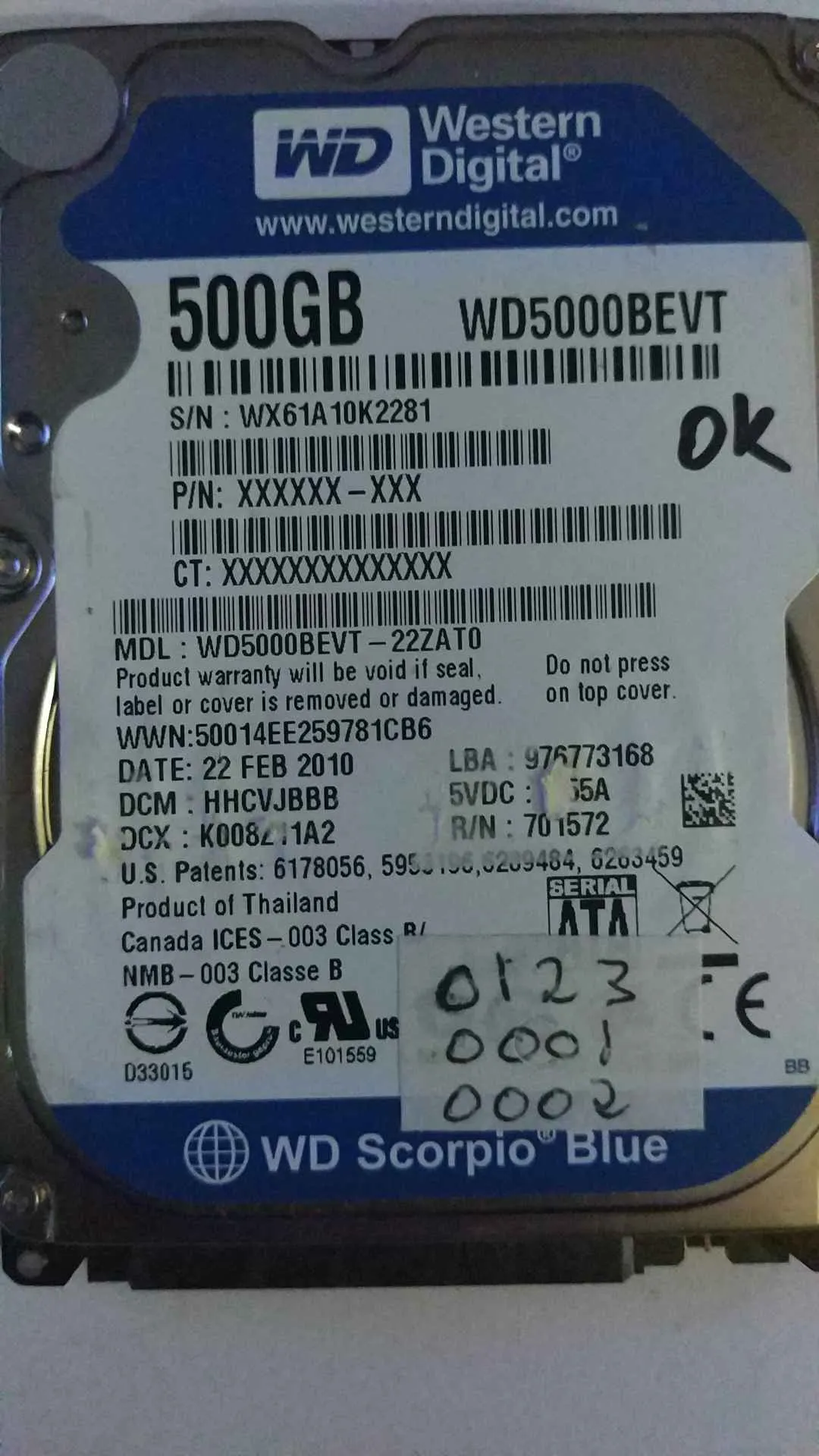 Western Digital WD5000BEVT-22ZAT0 S/N WX61A10K2281