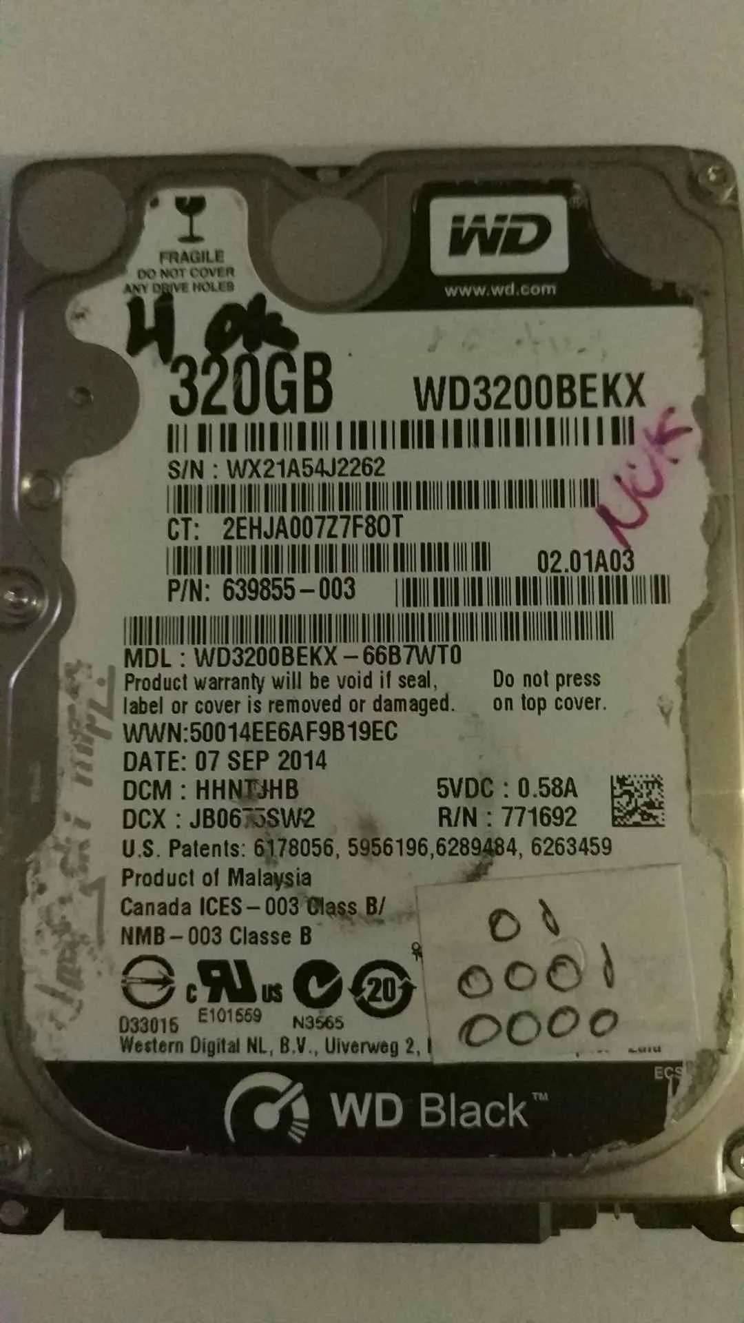 Western Digital WD3200BEKX S/N WX21A54J2262