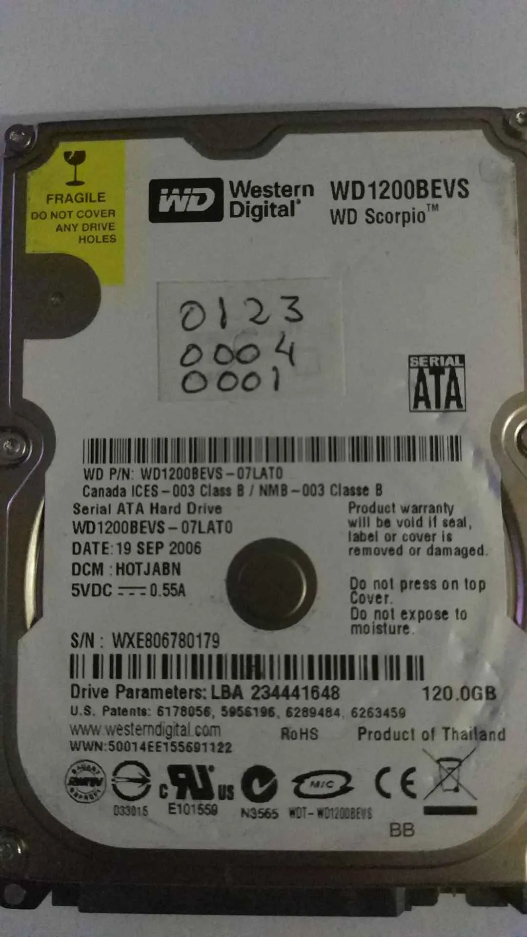 Western Digital WD1200BEVS-07LAT0 S/N WXE806780179