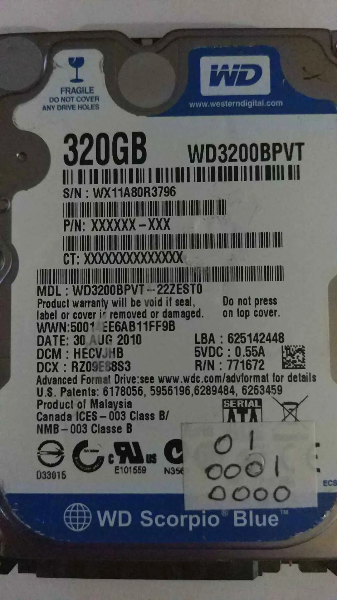 Western Digital WD3200BPVT-22ZEST0 S/N WX11A80R3796