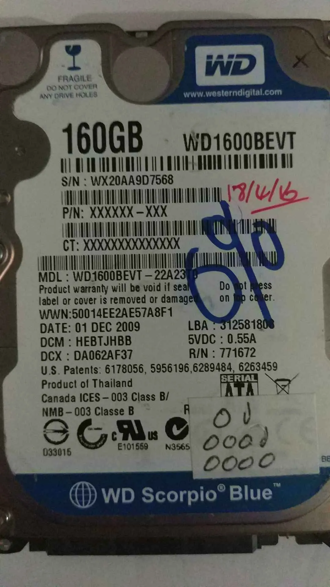 Western Digital WD1600BEVT-22A23T0 S/N WX20AA9D7568