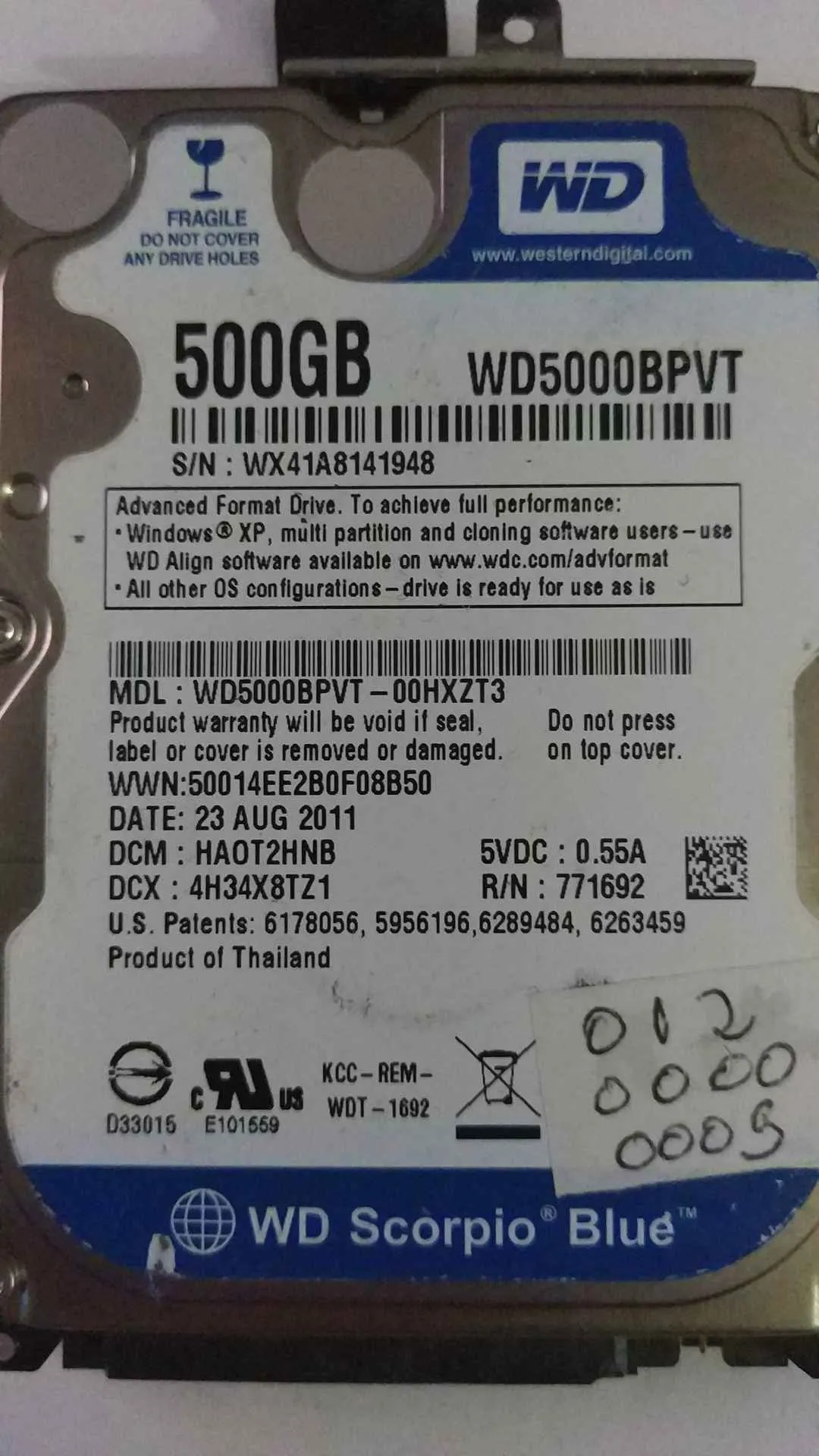Western Digital WD5000BPVT-00HXZT3 S/N WX41A8141948