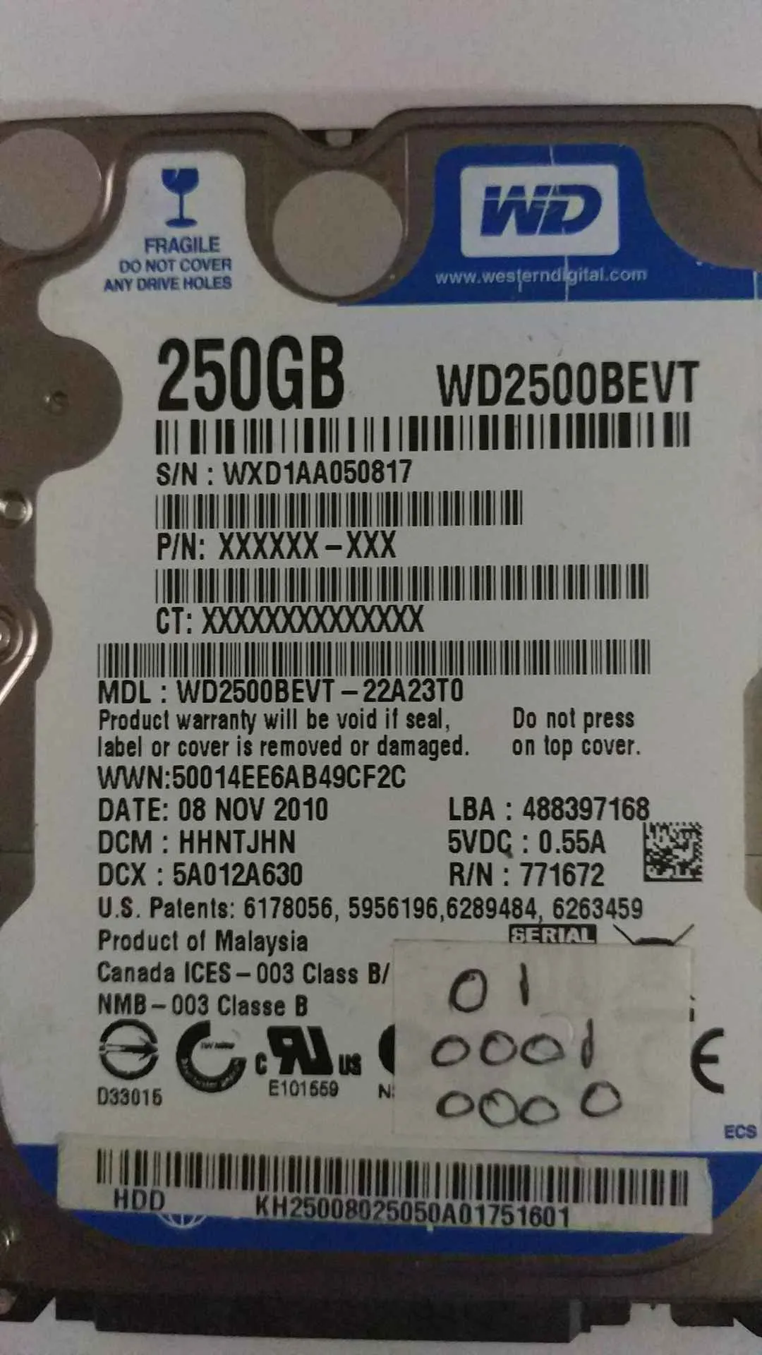 Western Digital WD2500BEVT-22A23T0 S/N WXD1AA050817