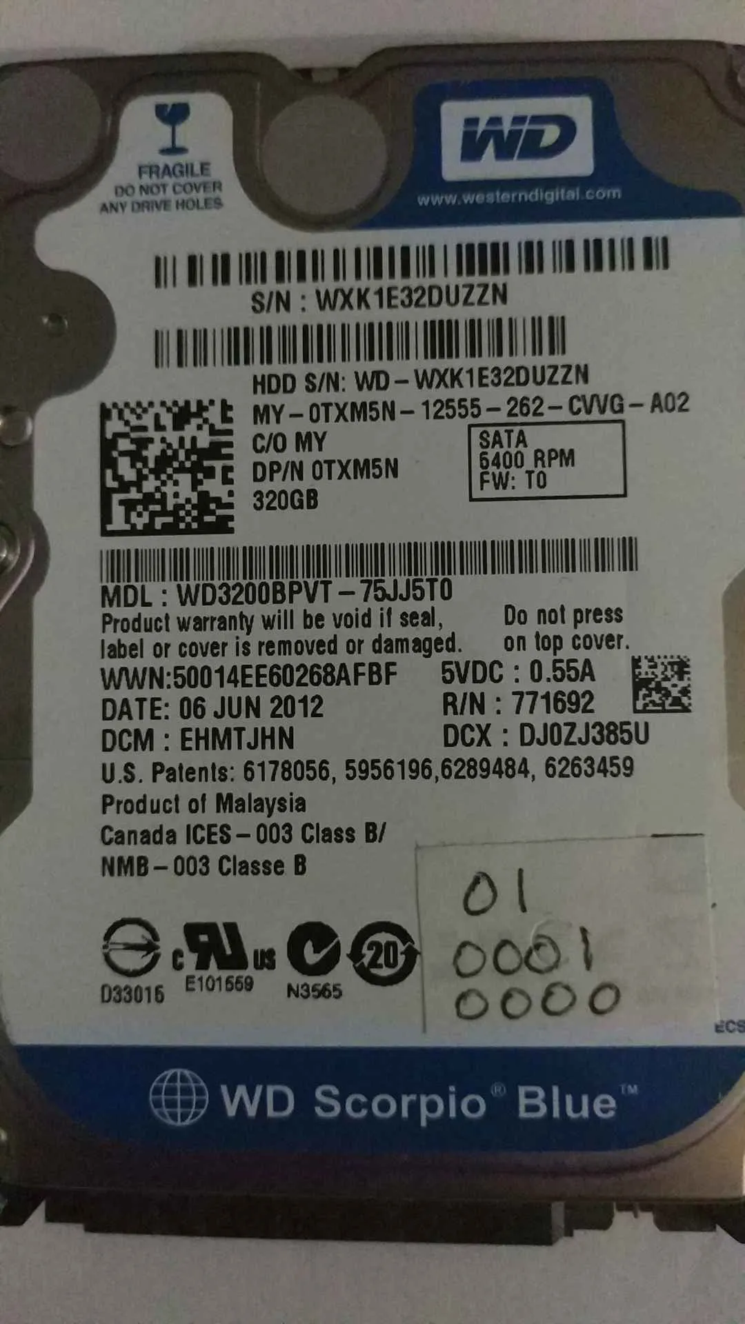 Western Digital WD3200BPVT-75JJ5T0 S/N WXK1E32DUZZN