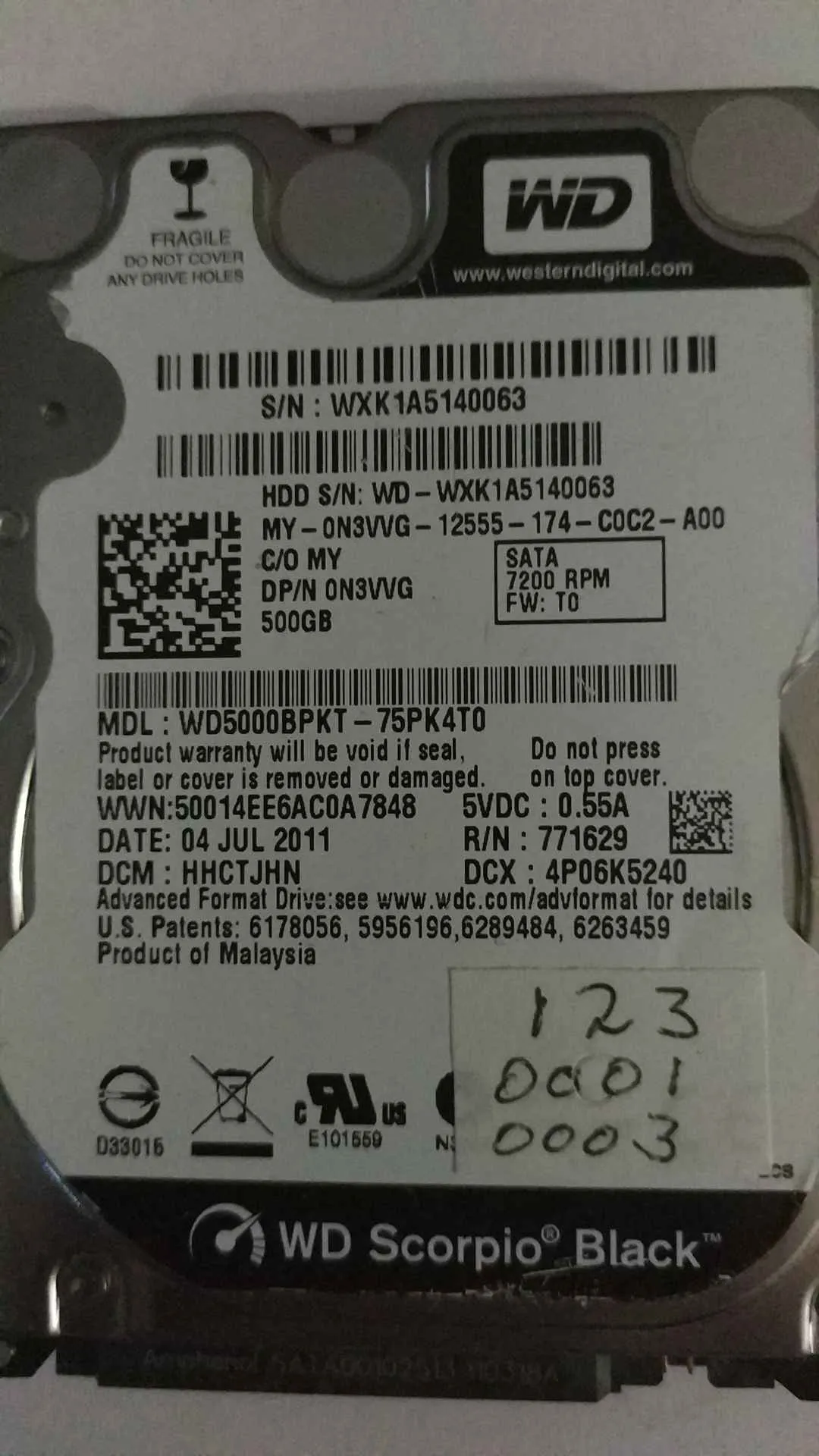 Western Digital WD5000BPKT-75PK4T0 S/N WXK1A5140063