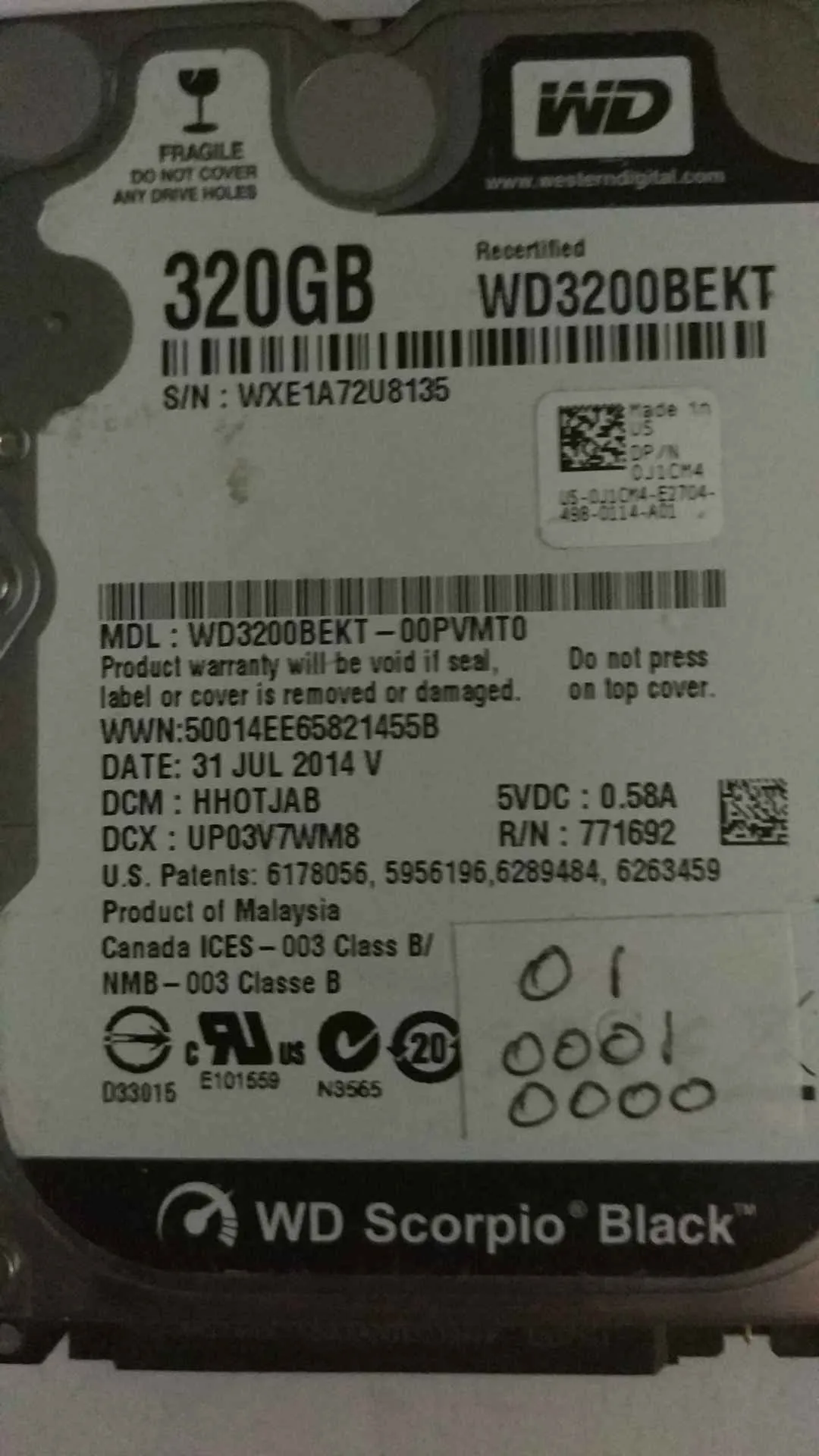 Western Digital WD3200BEKT-00PVMT0 S/N WXE1A72U8135