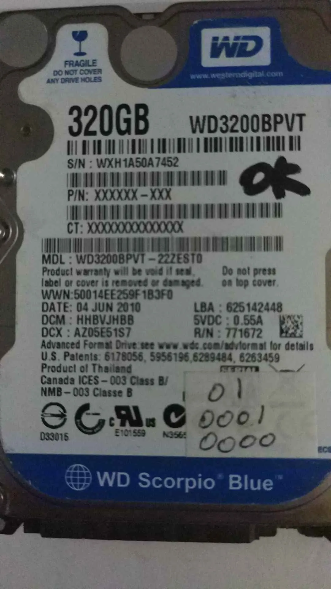 Western Digital WD3200BPVT-22ZEST0 S/N WXH1A50A7452