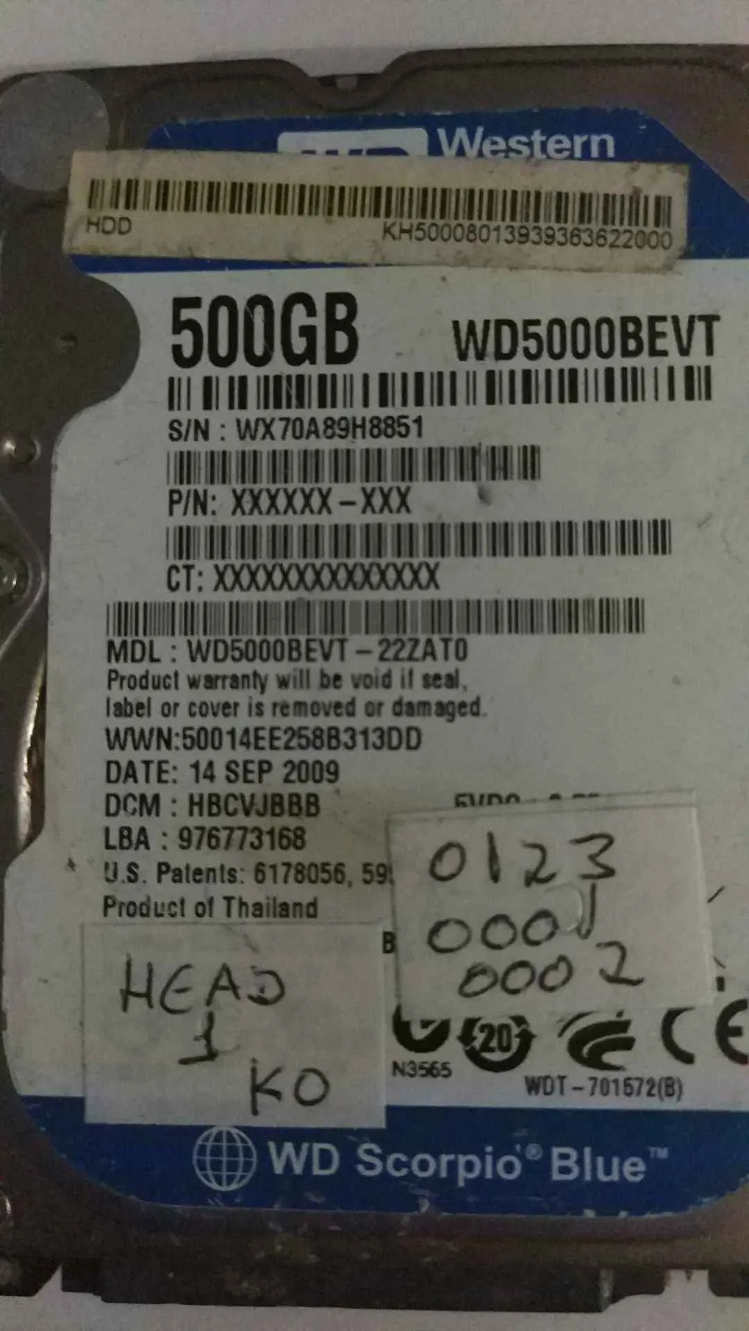 Western Digital WD5000BEVT-22ZAT0 S/N WX70A89H8851