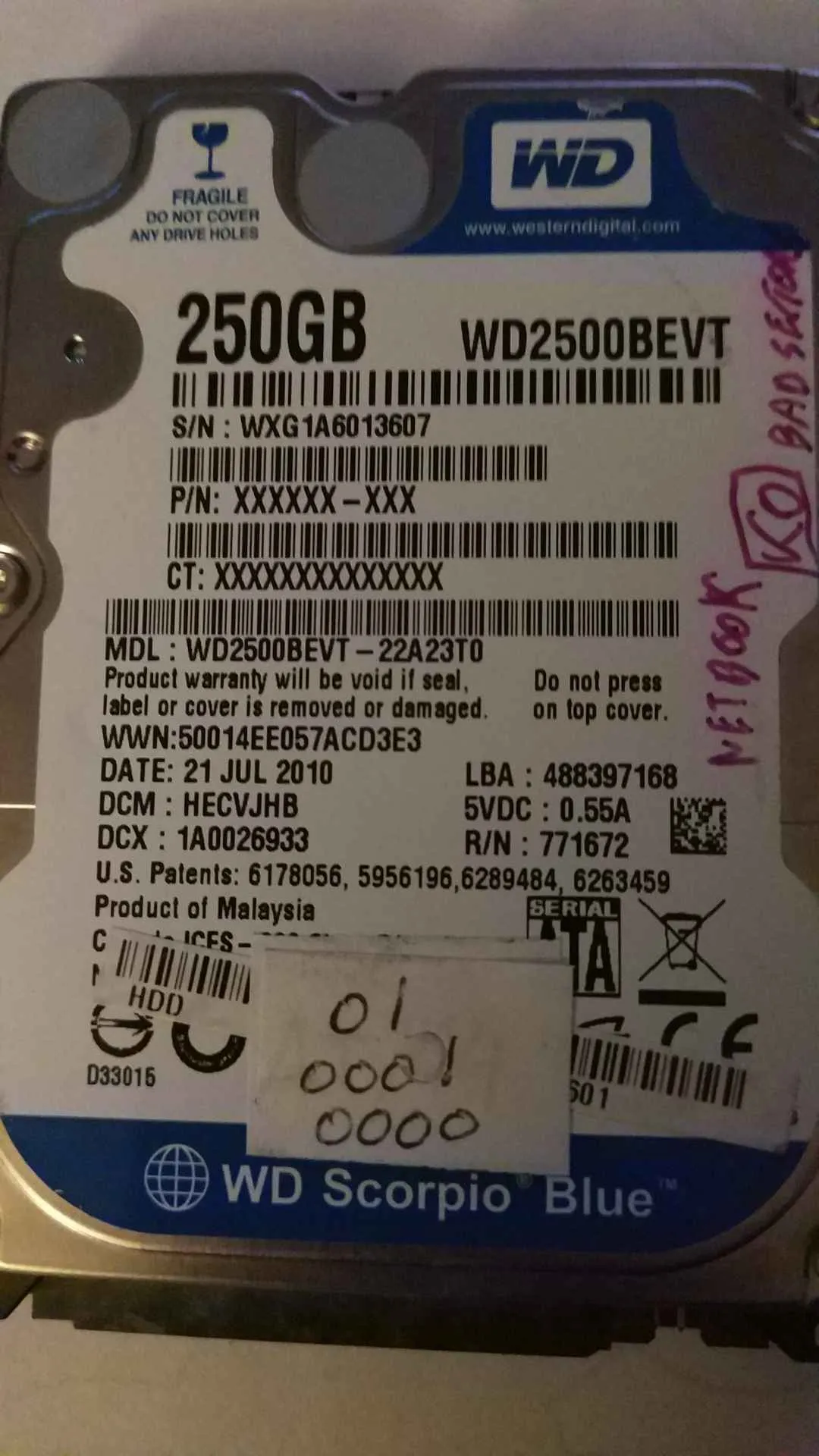 Western Digital WD2500BEVT-22A23T0 S/N WXG1A6013607