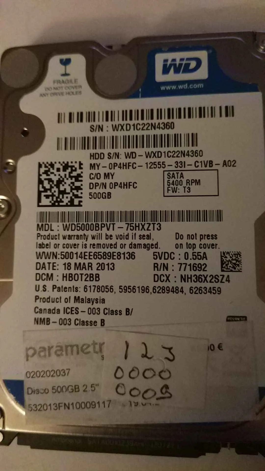Western Digital WD5000BPVT-75HXZT3 S/N WXD1C22N4360