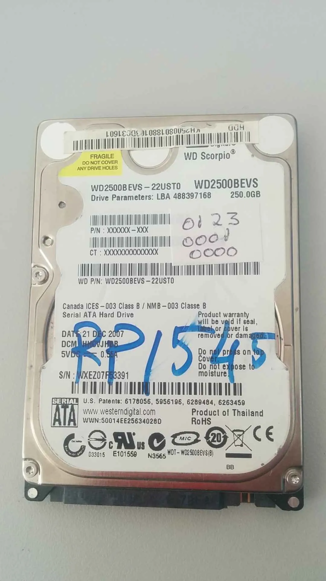 Western Digital WD2500BEVS-22UST0 S/N WXEZ07F53391