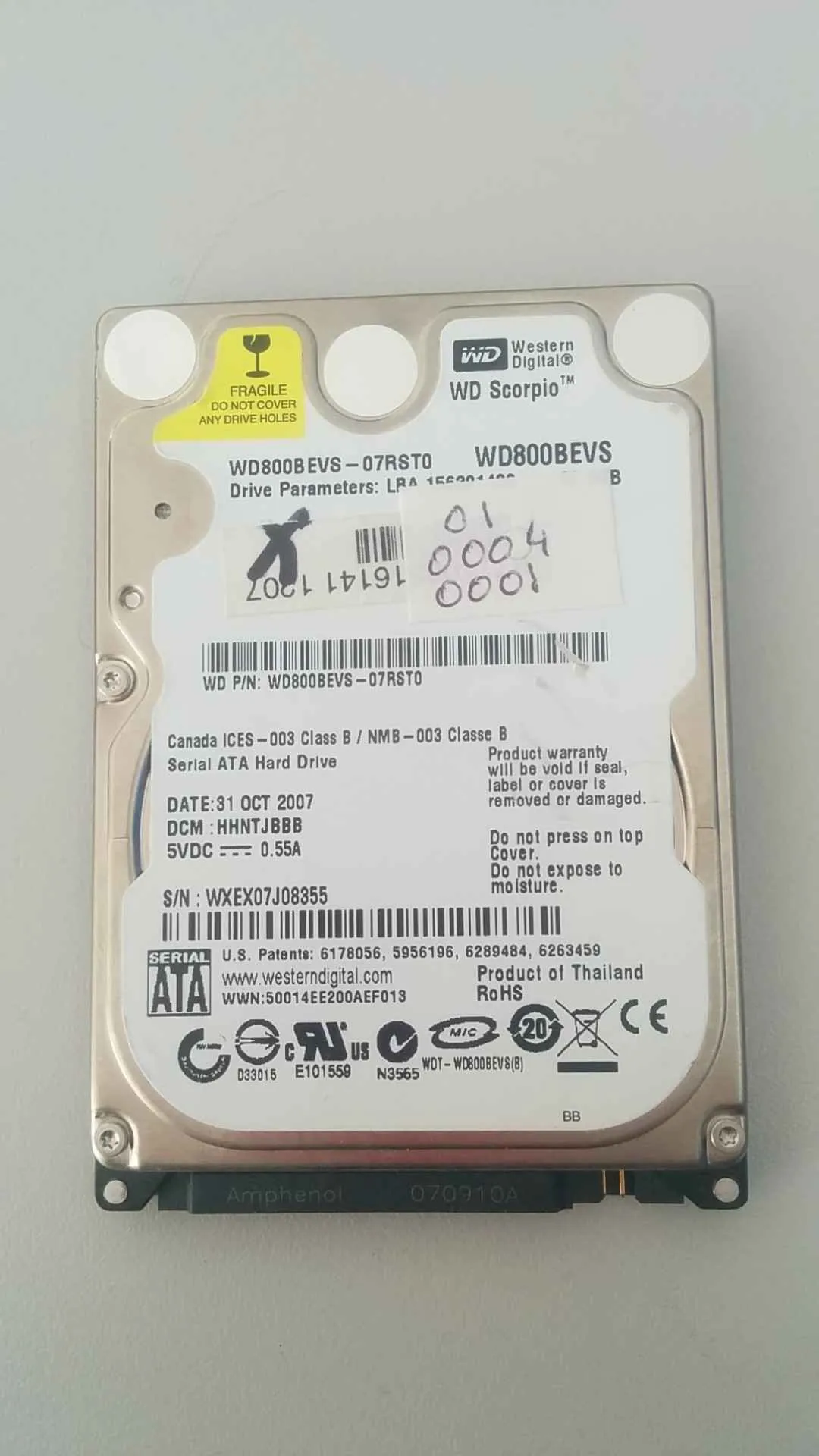 Western Digital WD800BEVS-07RST9 S/N WXEX07J08355