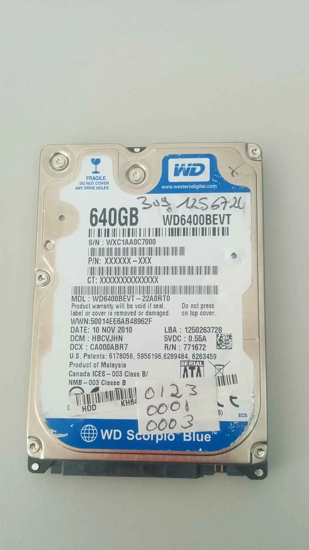 Western Digital WD6400BEVT-22A0RT0 S/N WXC1AA0C7000