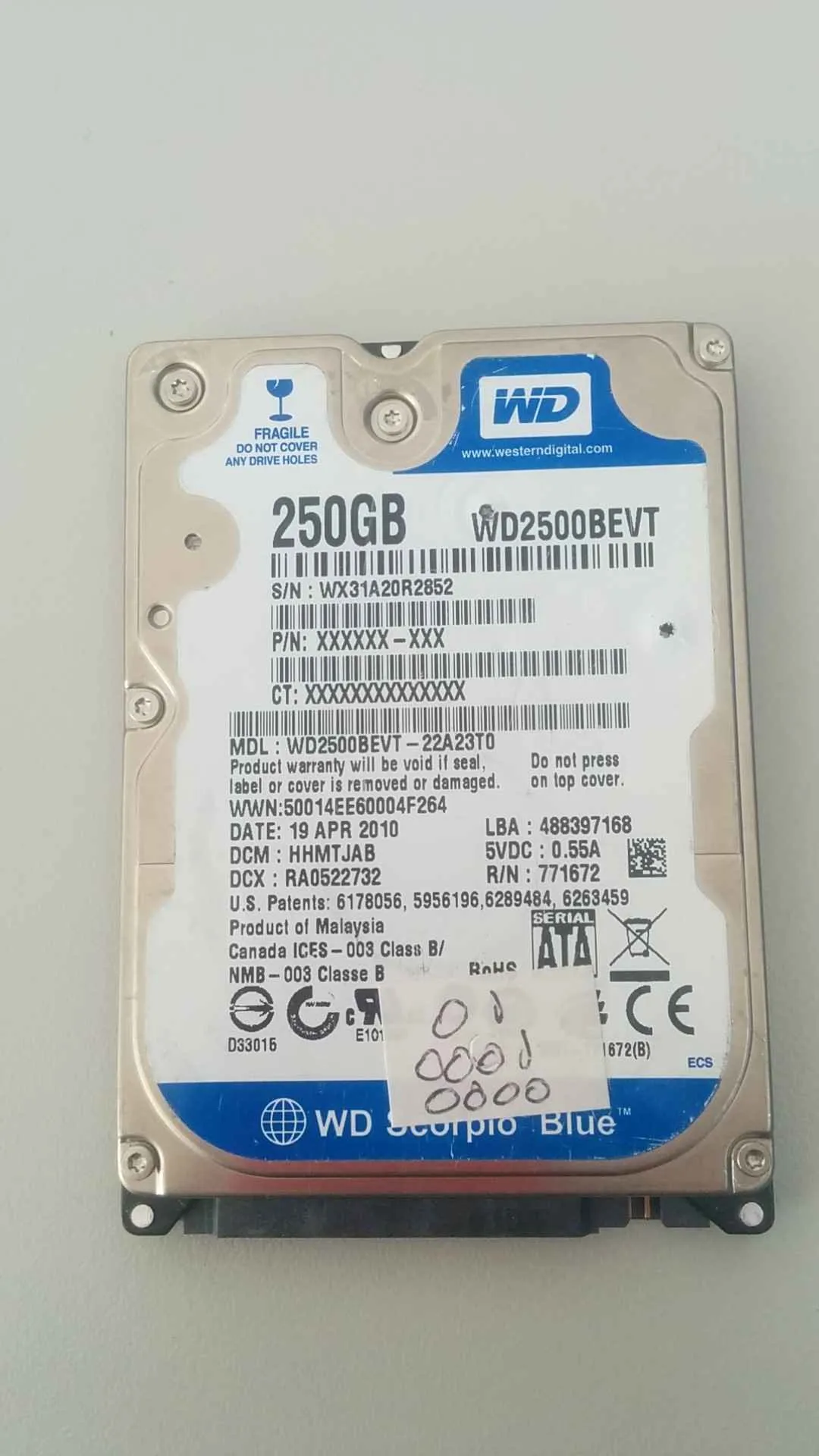 Western Digital WD2500BEVT-22A23T0 S/N WX31A20R2852