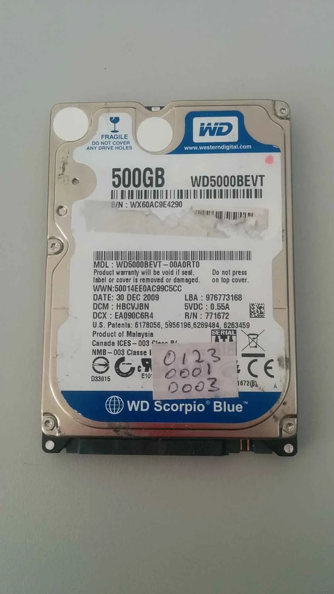 Western Digital WD5000BEVT-00A0RT0 S/N WX60AC9E4290
