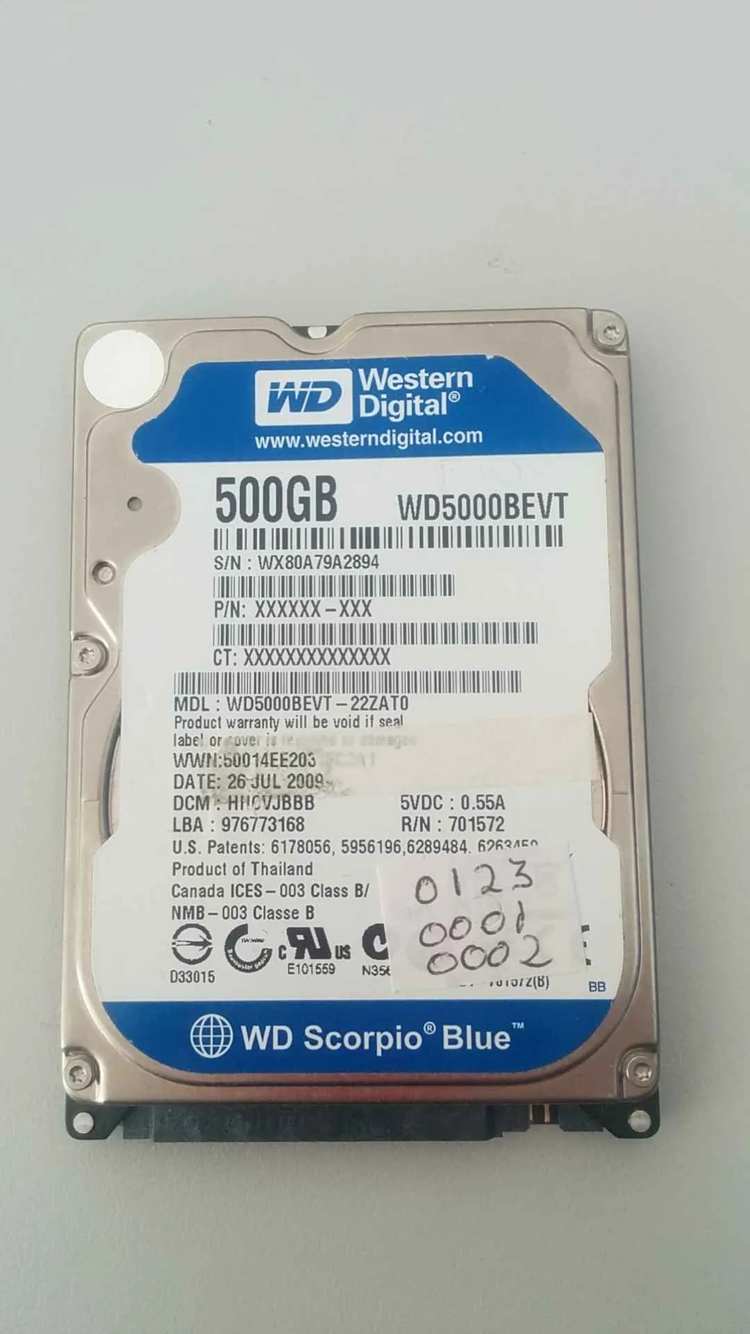 Western Digital WD5000BEVT-22ZAT0 S/N WX80A79A2894