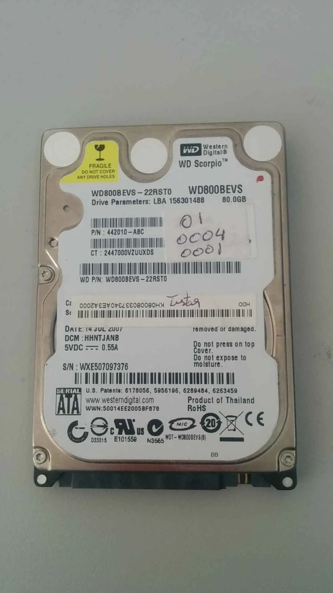 Western Digital WD800BEVS-22RST0 S/N WXE507097376