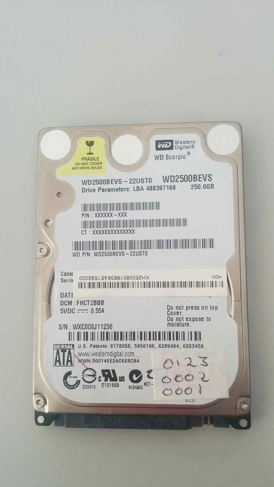 Western Digital WD2500BEVS-22UST0 S/N WXC608J11236