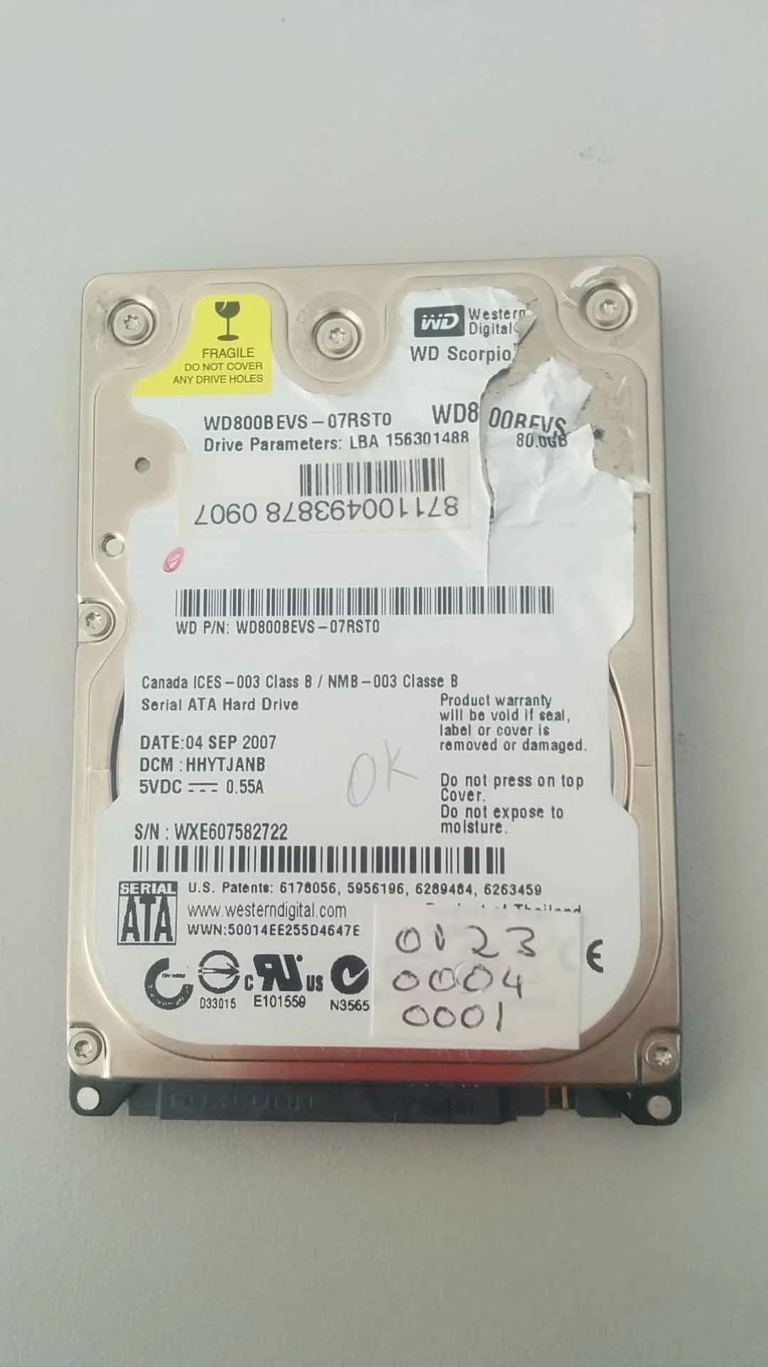 Western Digital WD800BEVS-07RST0 S/N WXE607582722