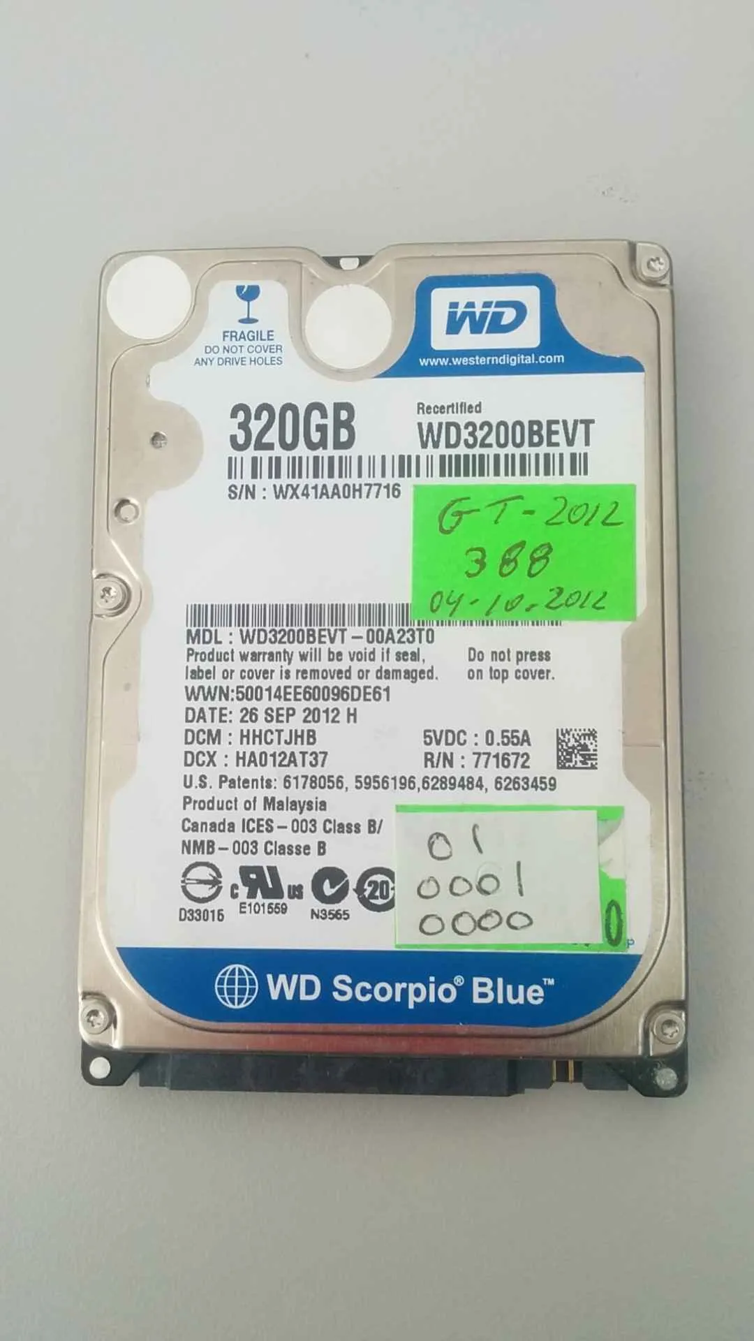Western Digital WD3200BEVT-00A23T0 S/N WX41AA0H7716
