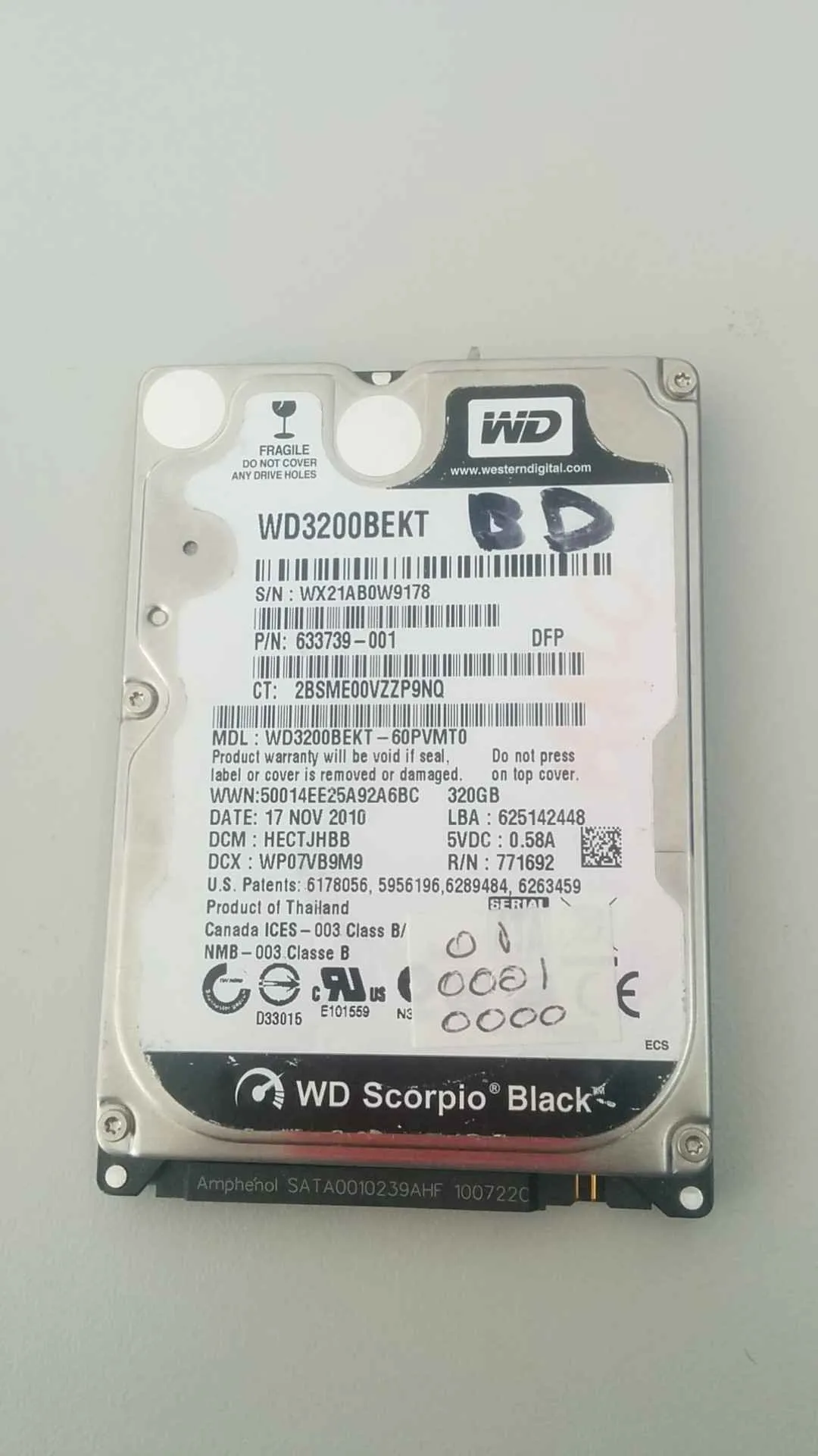 Western Digital WD3200BEKT-60PVMT0 S/N WX21AB0W9178