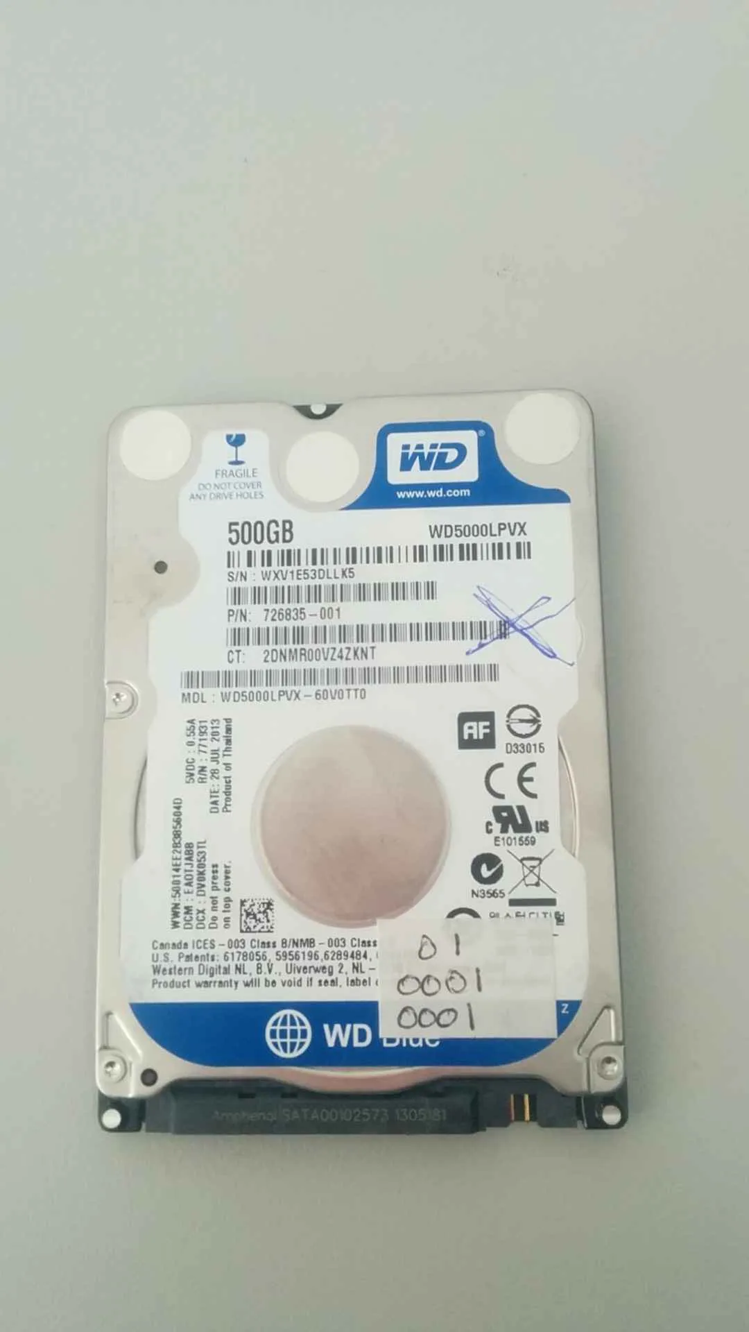 Western Digital WD5000LPVX-60V0TT0 S/N WXV1E53DLLK5