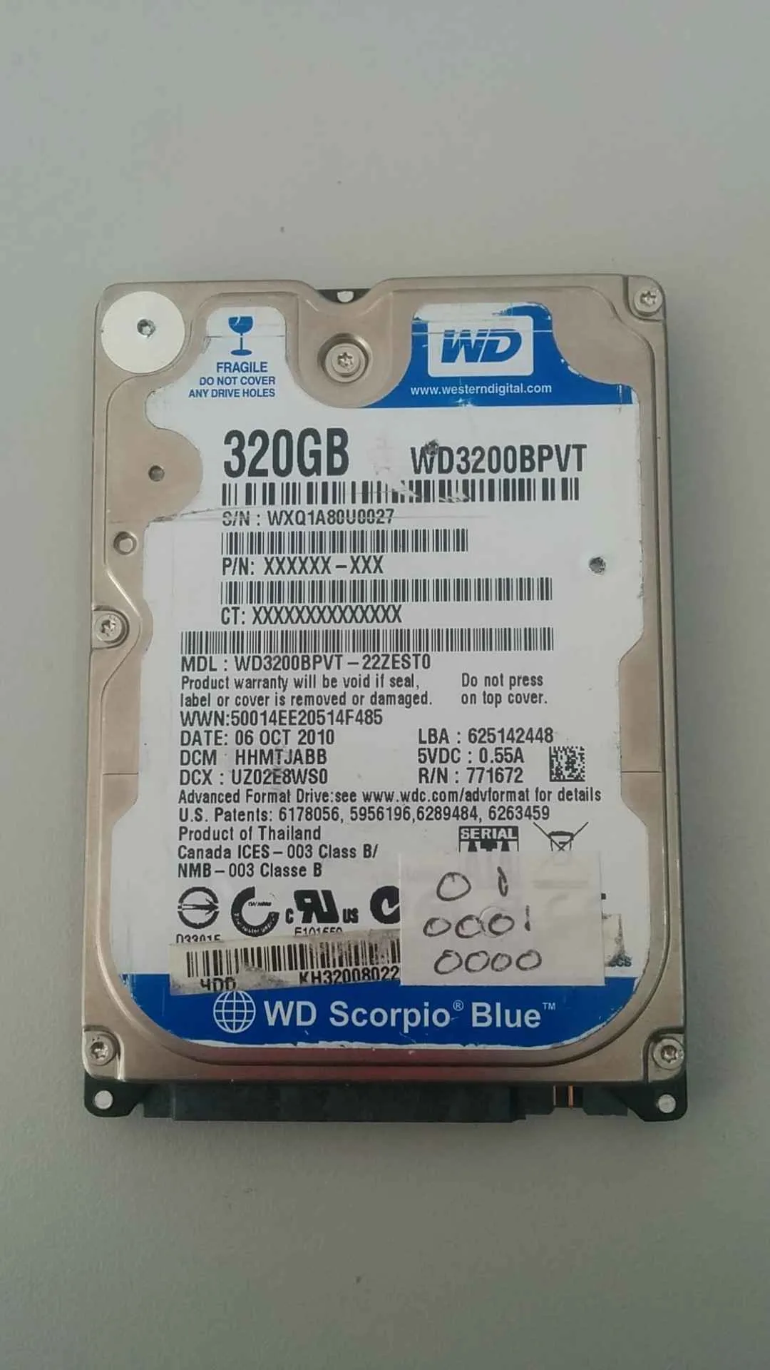Western Digital WD3200BPVT-22ZEST0 S/N WXQ1A80U0027