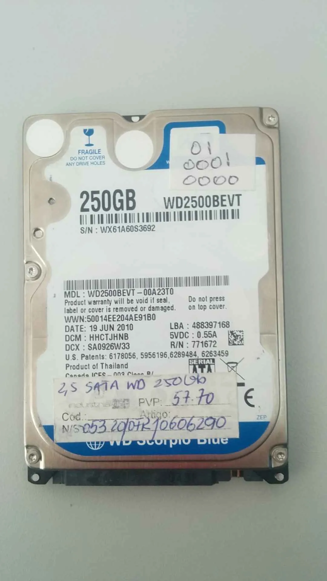 Western Digital WD2500BEVT-00A23T0 S/N WX61A60S3692