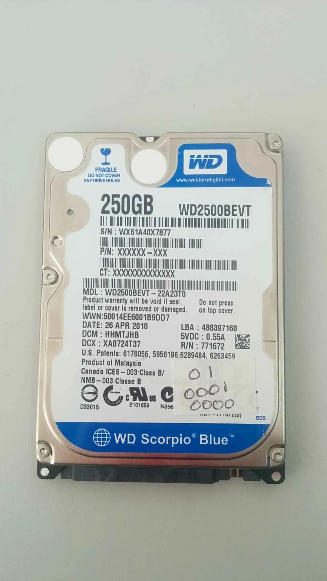 Western Digital WD2500BEVT-22A23T0 S/N WX61A40X7877