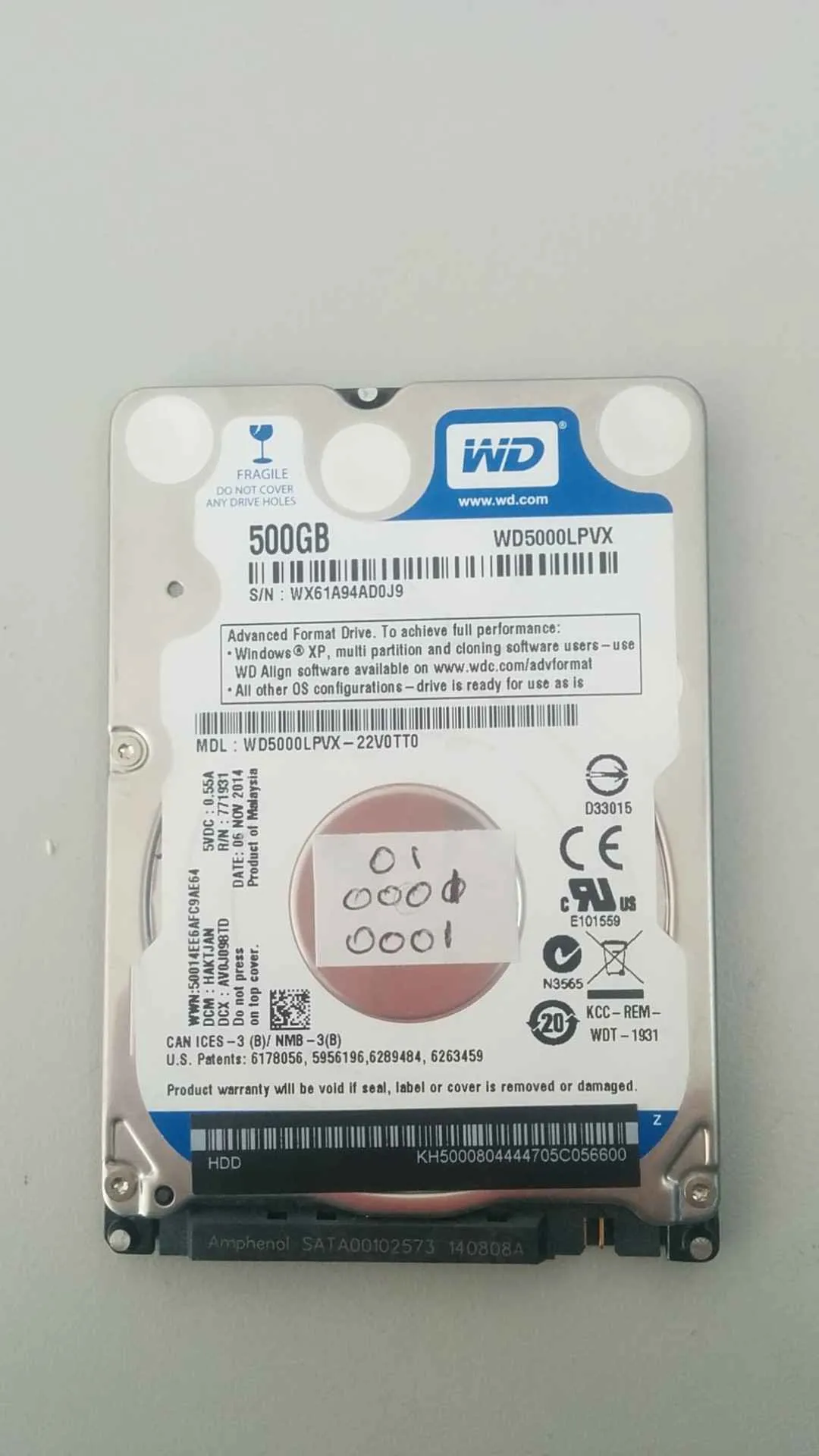 Western Digital WD5000LPVX-22V0TT0 S/N WX61A94AD0J9